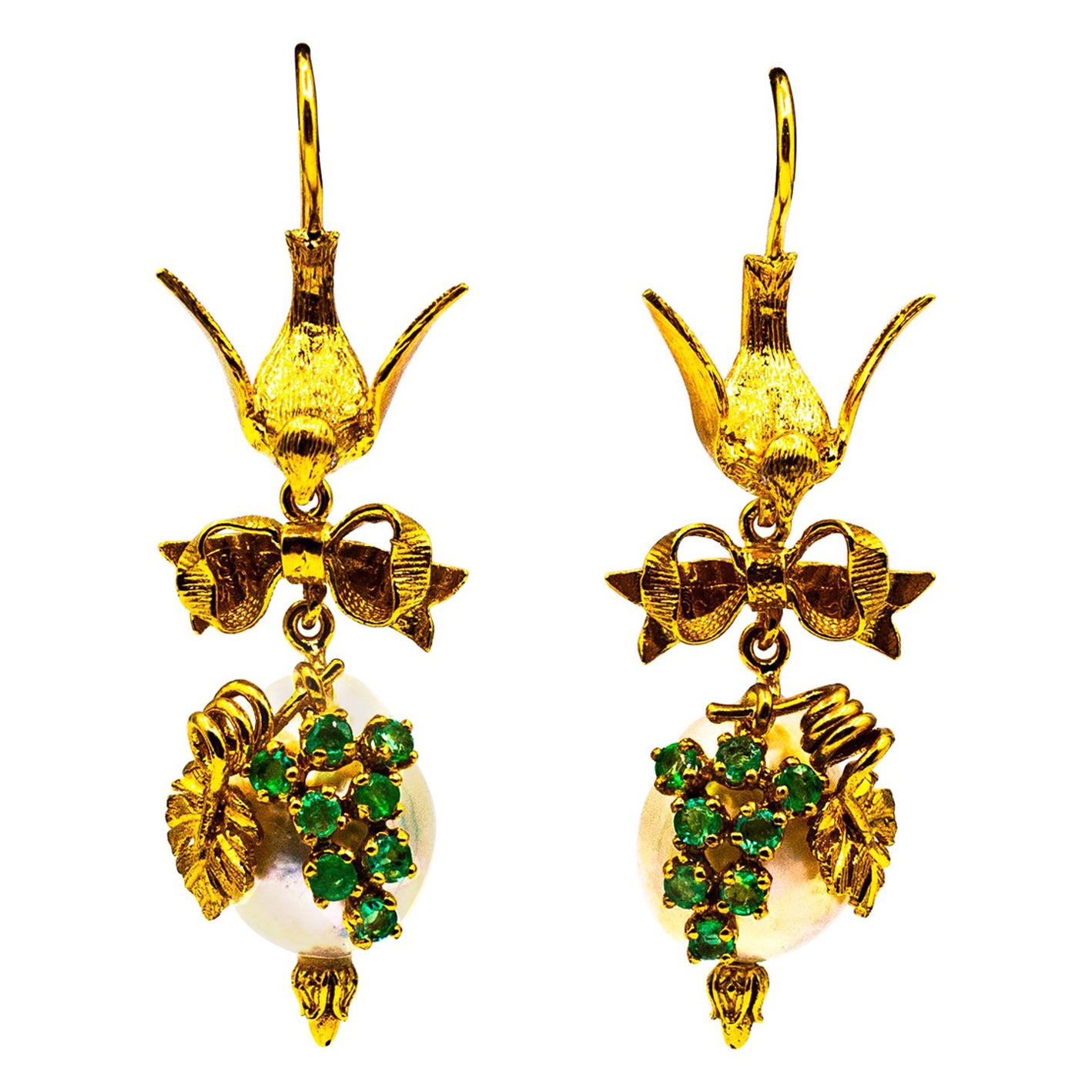 Art Nouveau Style White Diamond Emerald Pearl Yellow Gold Drop "Bird" Earrings For Sale