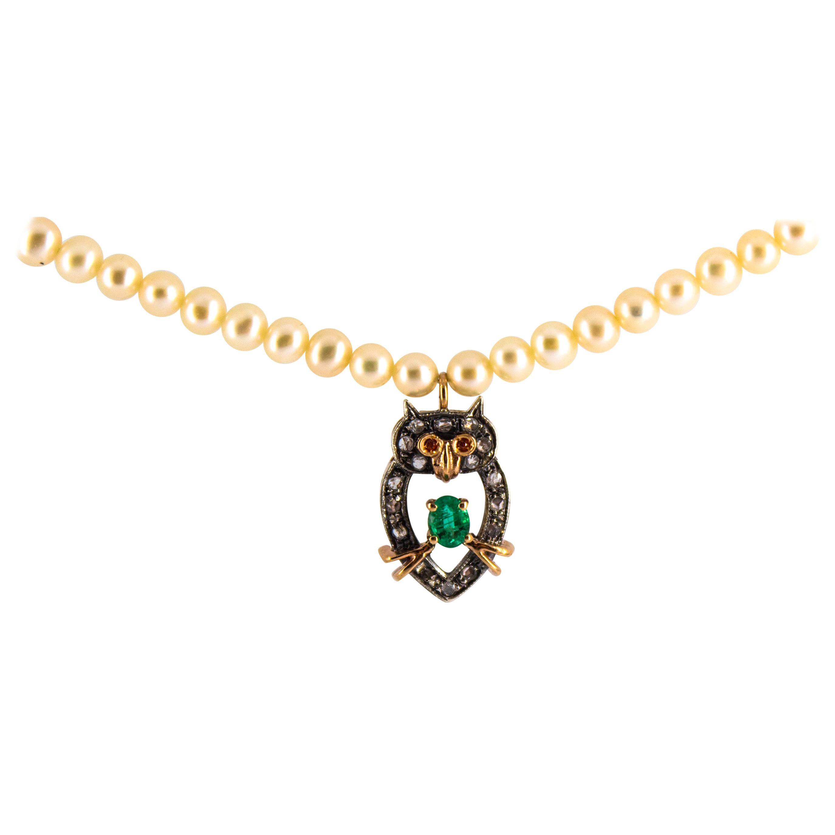 Art Nouveau Style White Diamond Emerald Pearl Yellow Gold "Owl" Beaded Necklace For Sale