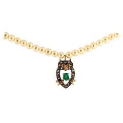 Retro Art Nouveau Style White Diamond Emerald Pearl Yellow Gold "Owl" Beaded Necklace