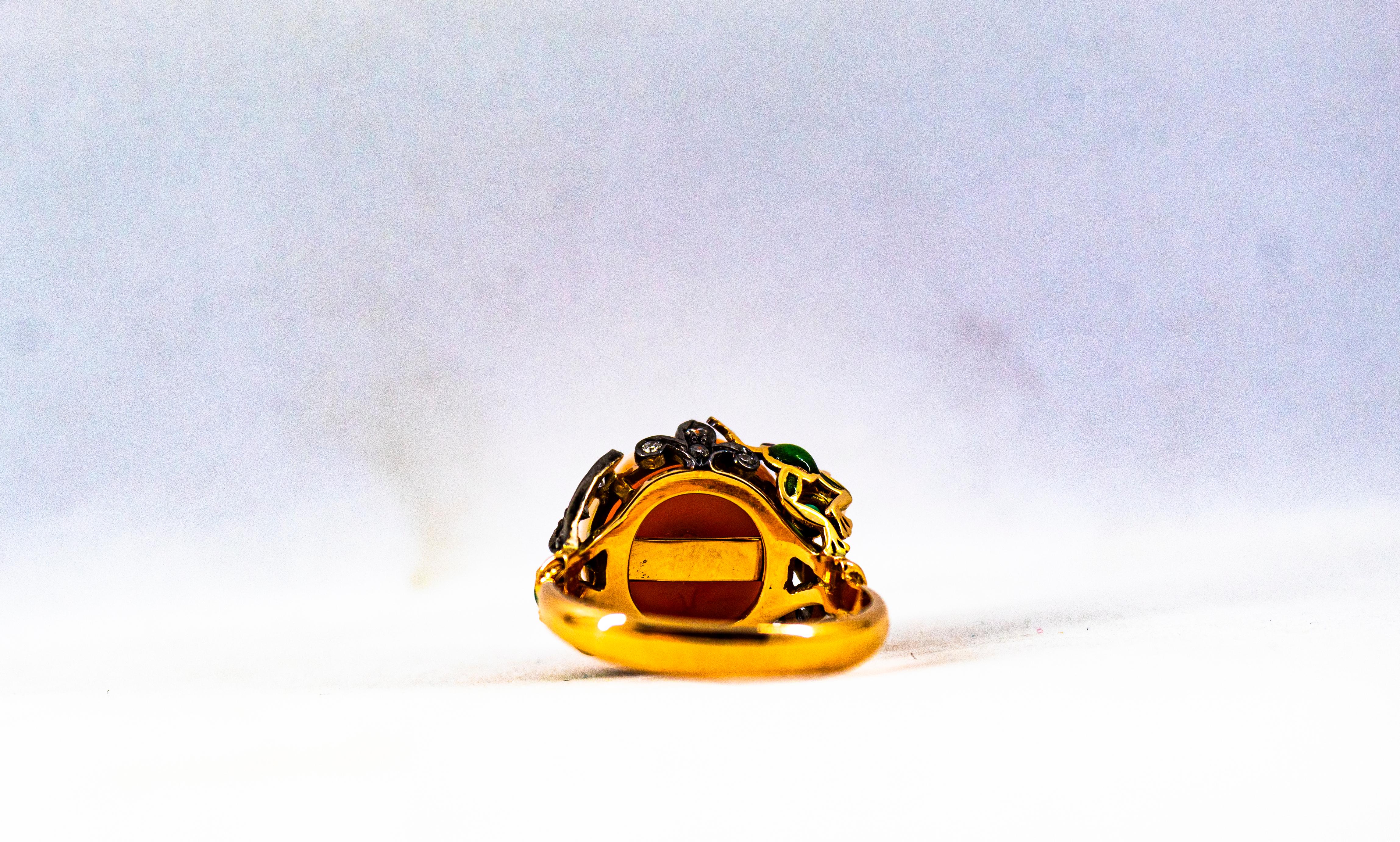 Anillo de Cóctel de Oro Amarillo Estilo Art Nouveau Diamante Blanco Esmeralda Coral Rosa 5