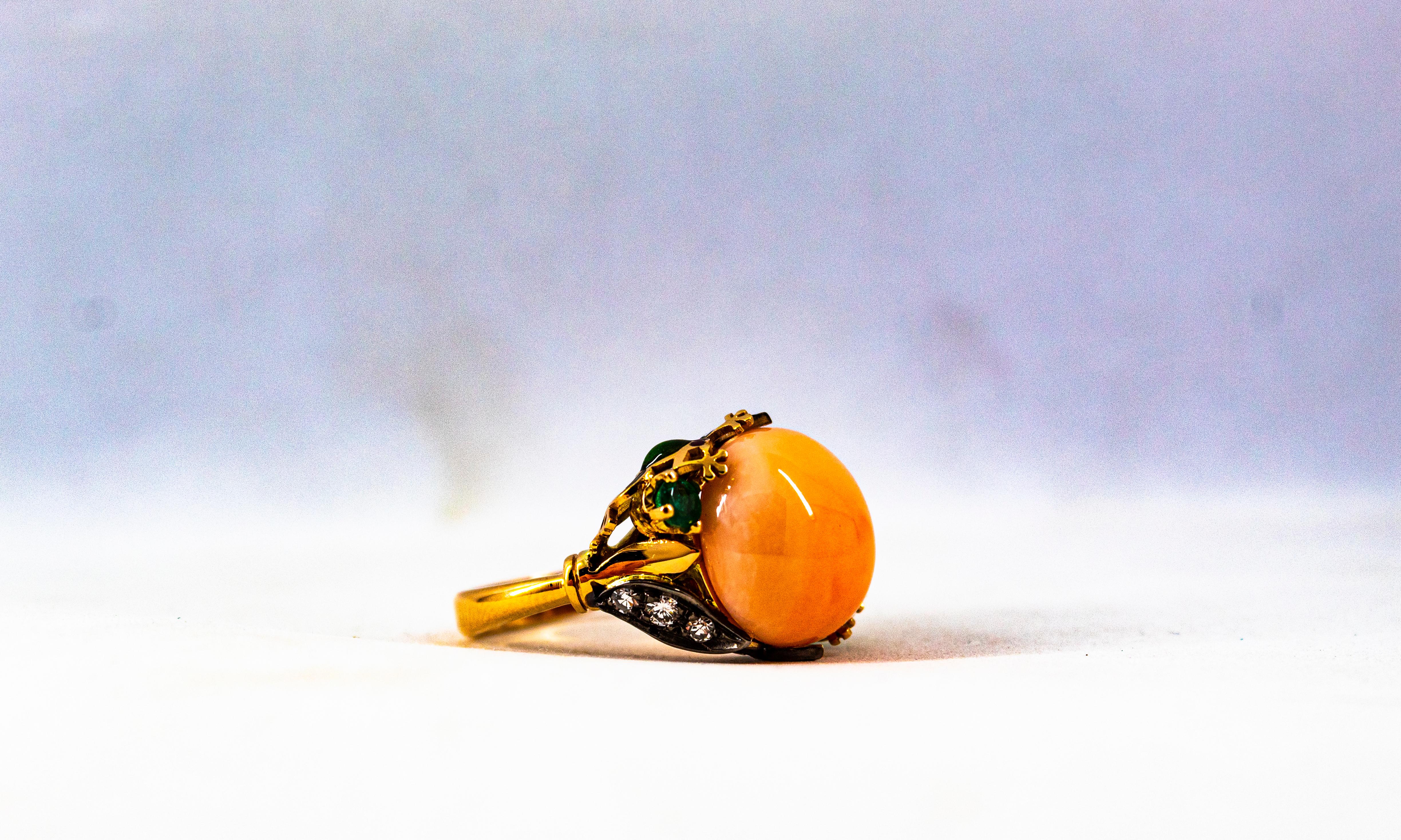 Anillo de Cóctel de Oro Amarillo Estilo Art Nouveau Diamante Blanco Esmeralda Coral Rosa 6