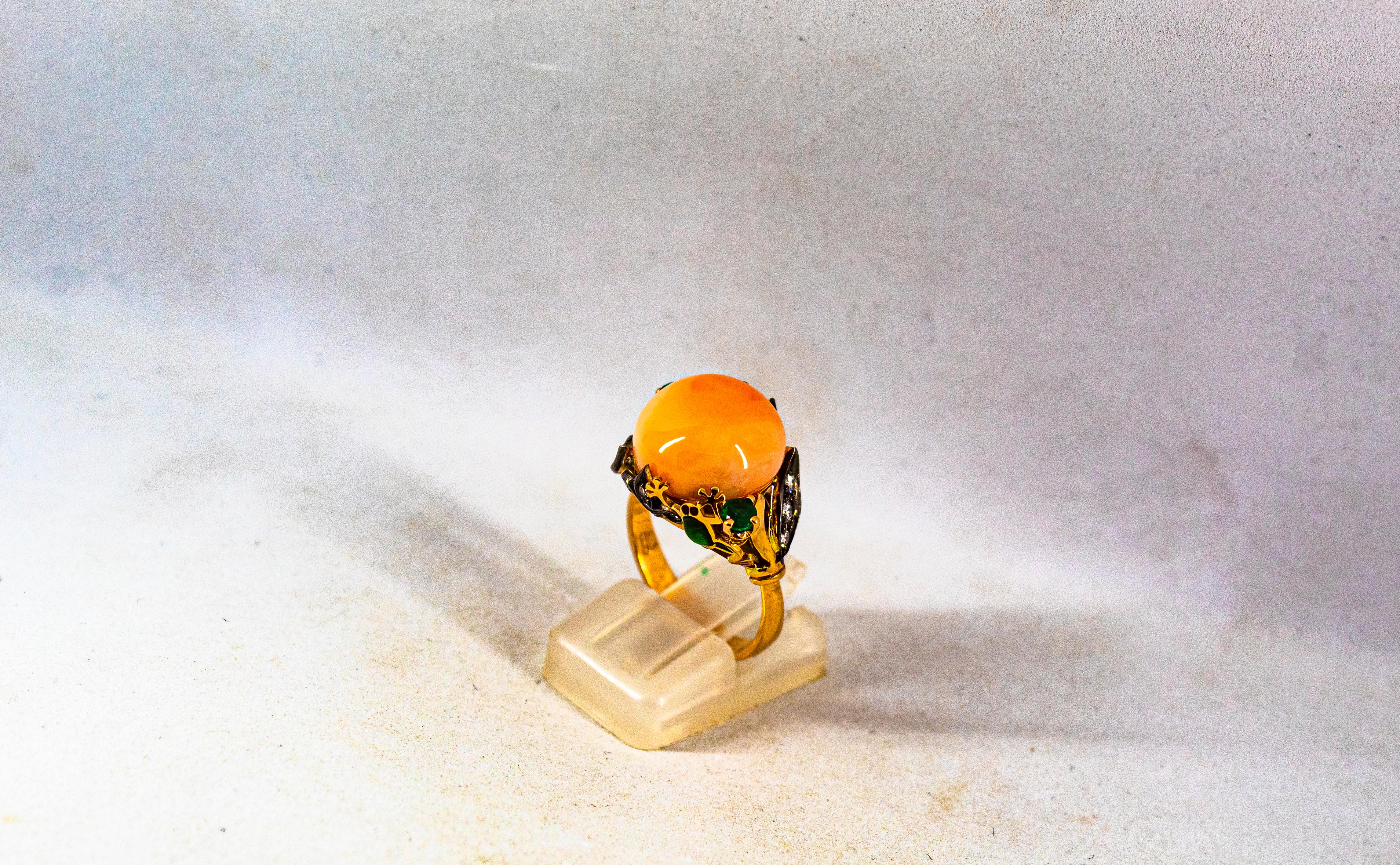 Anillo de Cóctel de Oro Amarillo Estilo Art Nouveau Diamante Blanco Esmeralda Coral Rosa 7