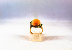 Art Nouveau Style White Diamond Emerald Pink Coral Yellow Gold Cocktail Ring