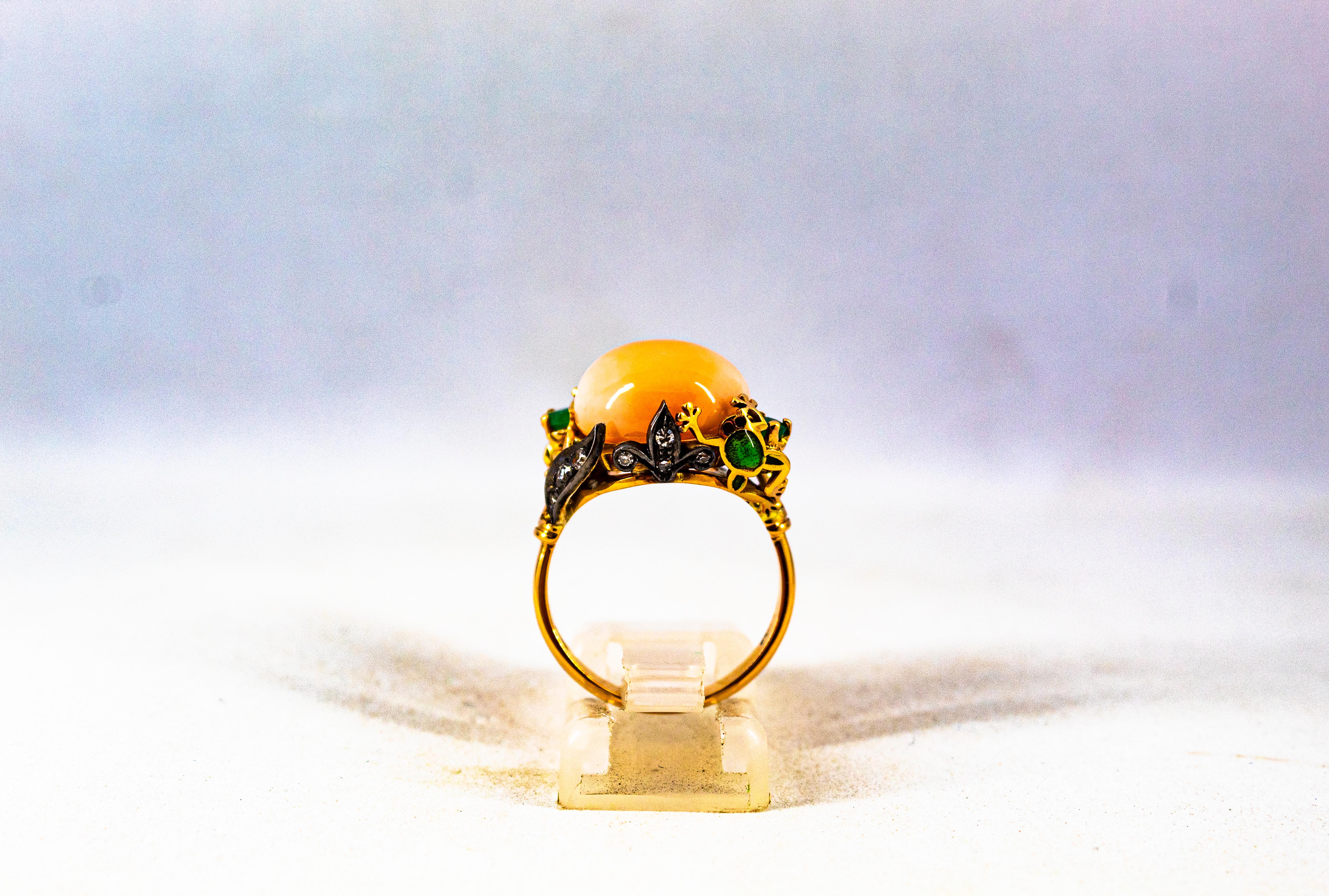 Women's or Men's Art Nouveau Style White Diamond Emerald Pink Coral Yellow Gold Cocktail Ring
