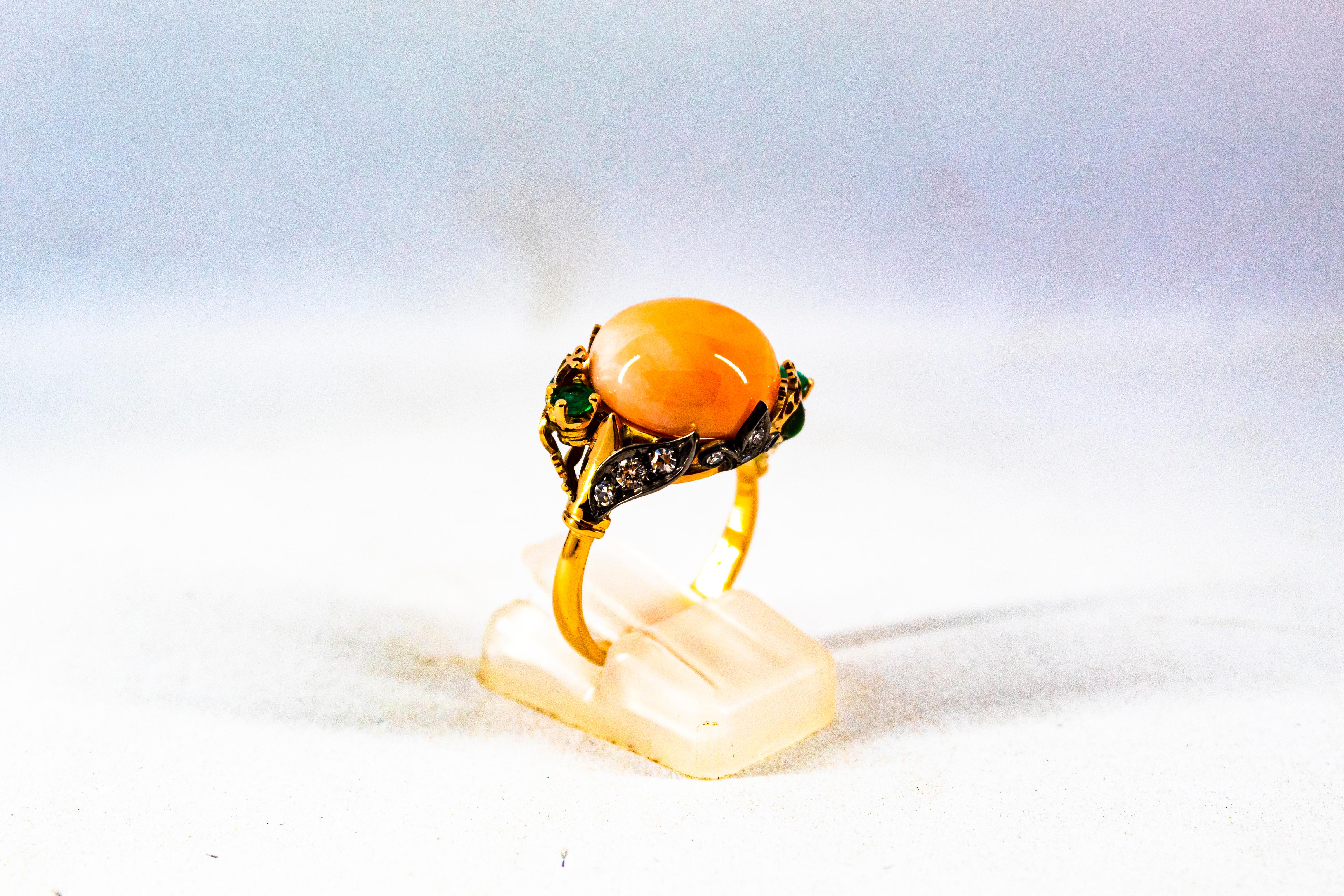 Anillo de Cóctel de Oro Amarillo Estilo Art Nouveau Diamante Blanco Esmeralda Coral Rosa 1