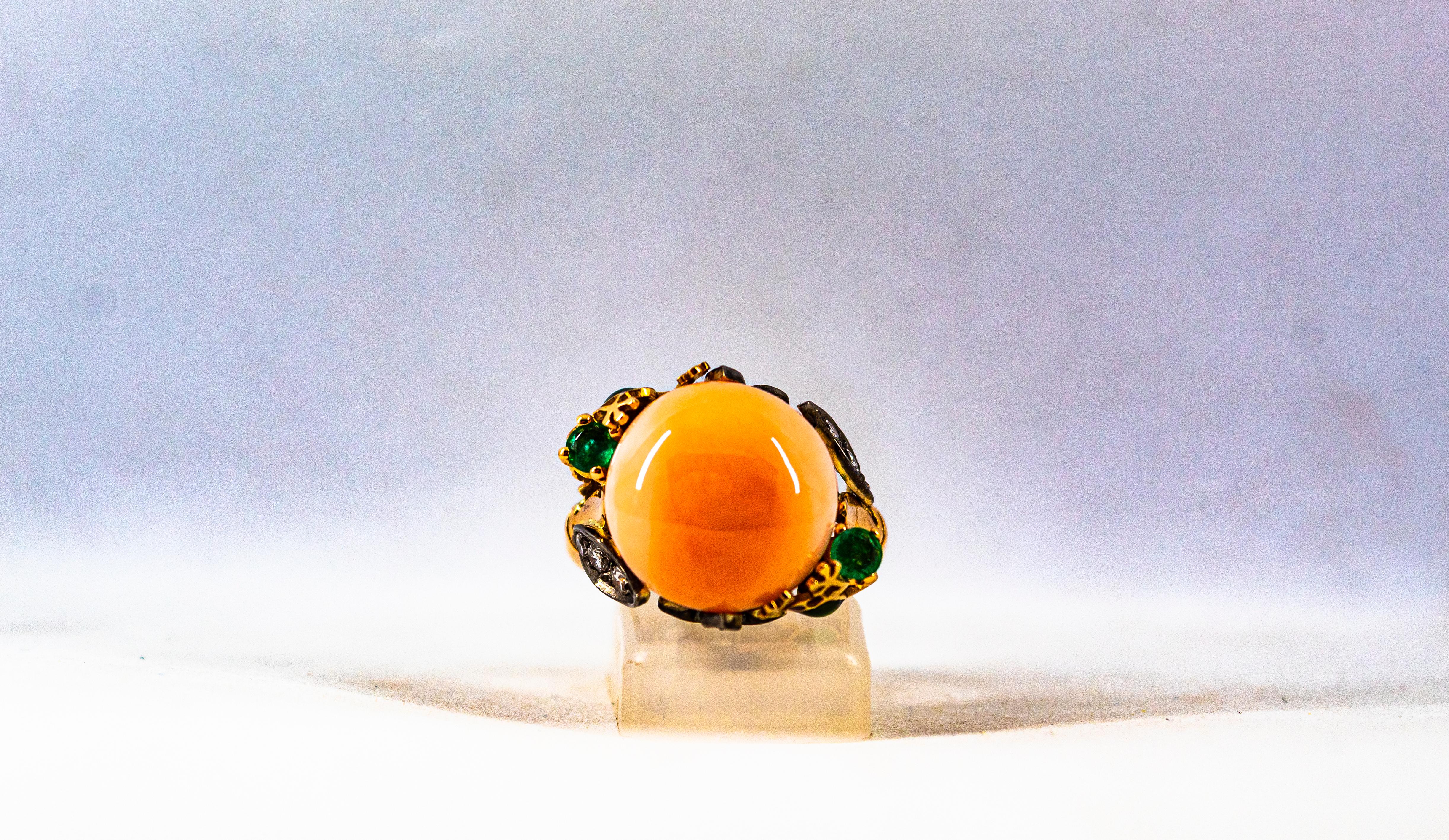Art Nouveau Style White Diamond Emerald Pink Coral Yellow Gold Cocktail Ring 2
