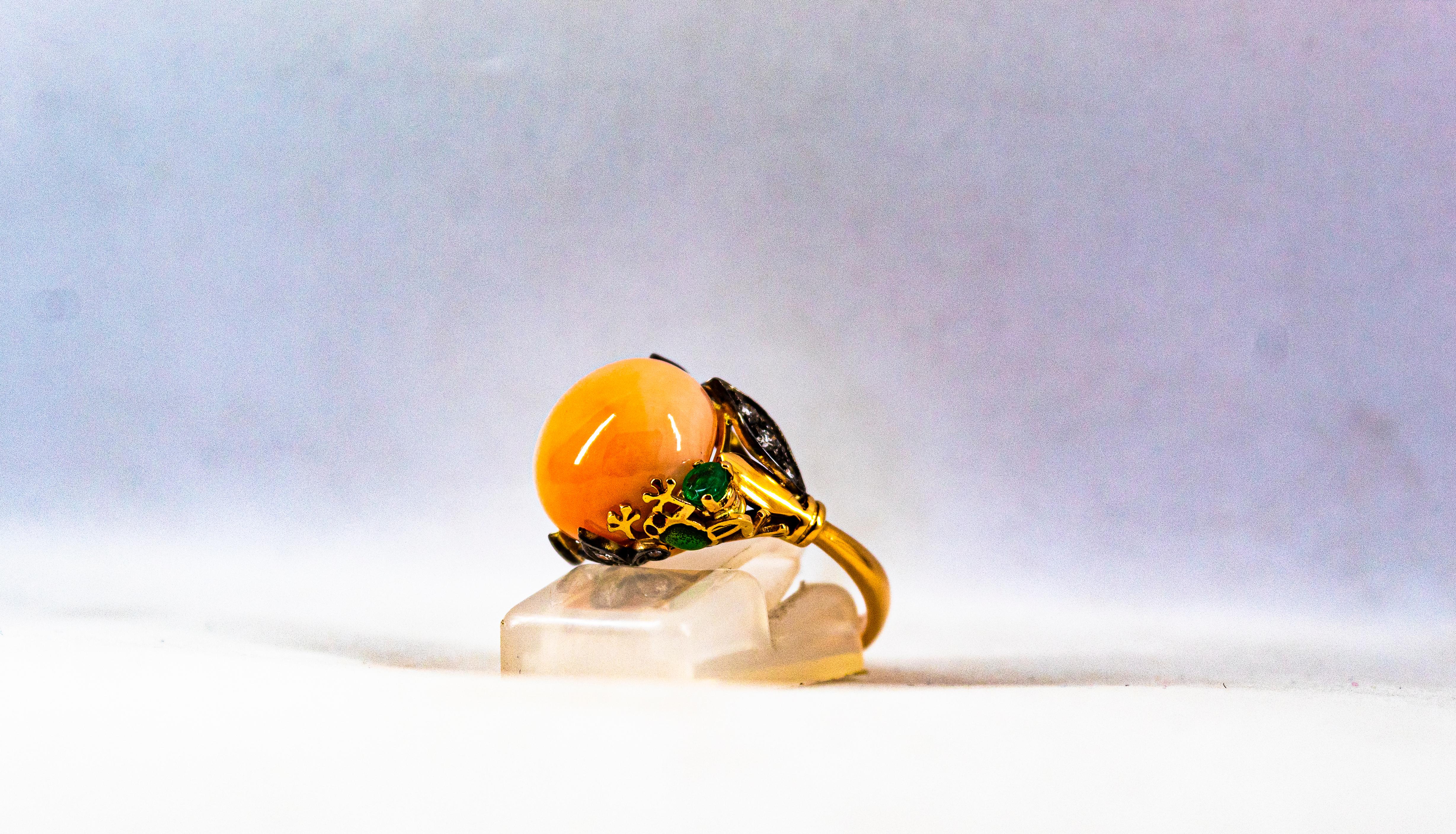 Art Nouveau Style White Diamond Emerald Pink Coral Yellow Gold Cocktail Ring 3