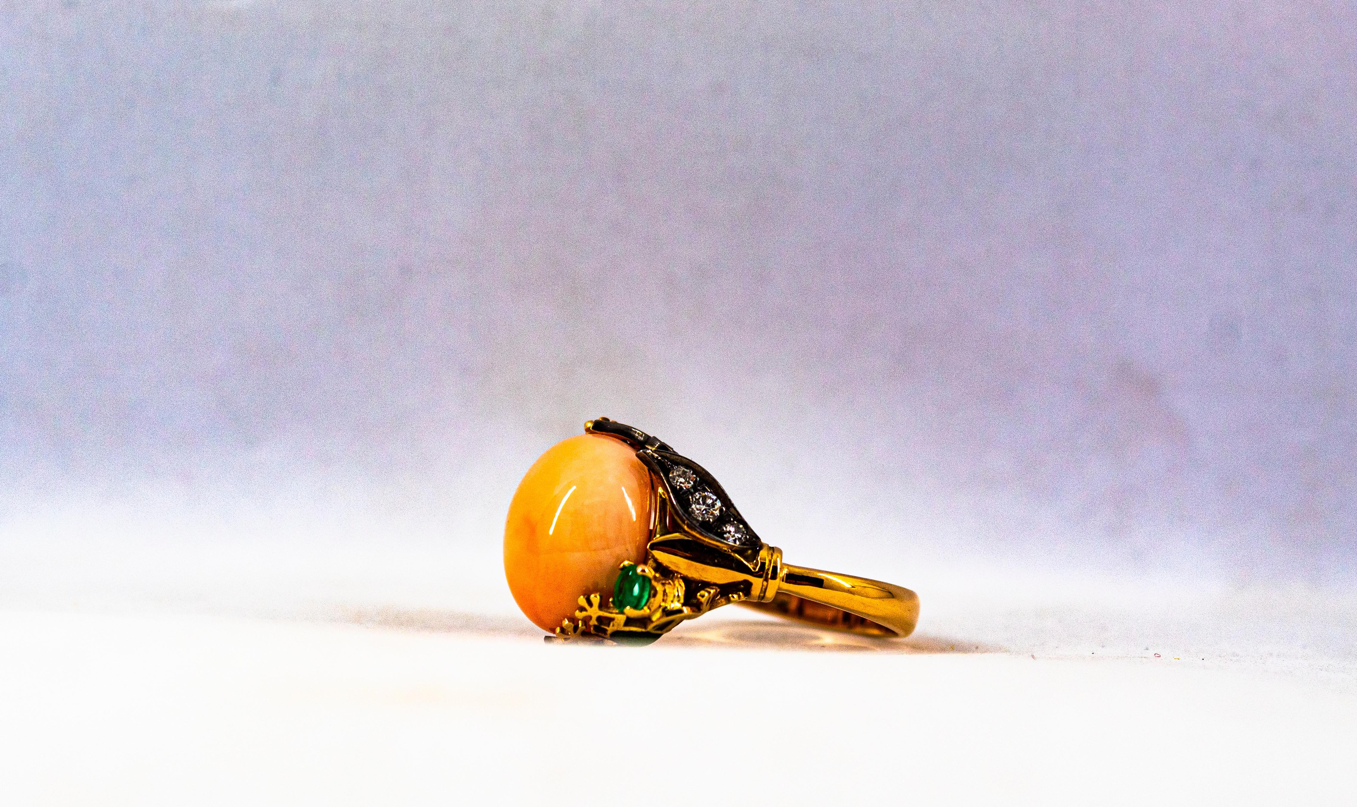 Anillo de Cóctel de Oro Amarillo Estilo Art Nouveau Diamante Blanco Esmeralda Coral Rosa 4