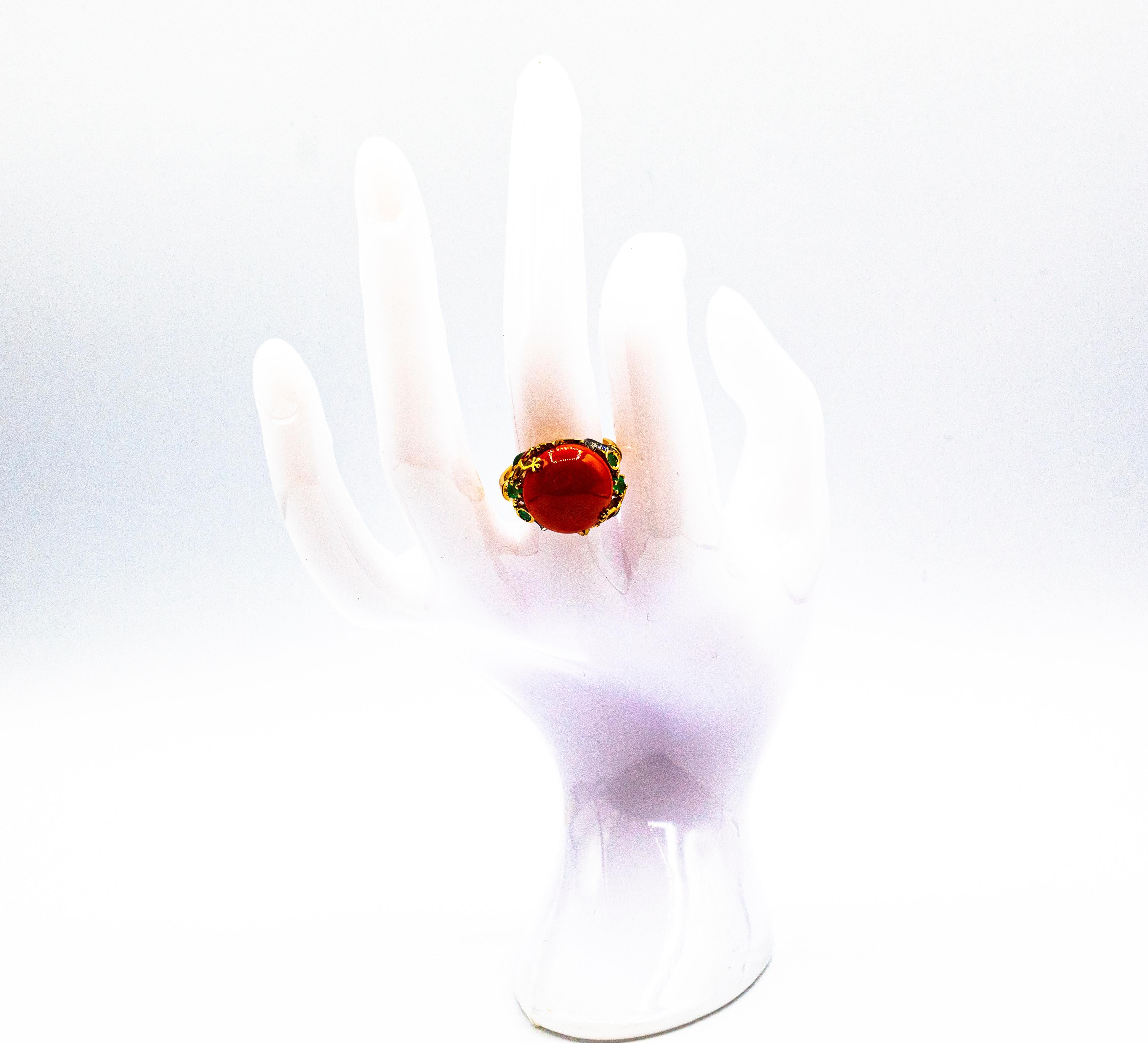 Anillo de Cóctel de Oro Amarillo Estilo Art Nouveau Diamante Blanco Esmeralda Coral Rojo 5