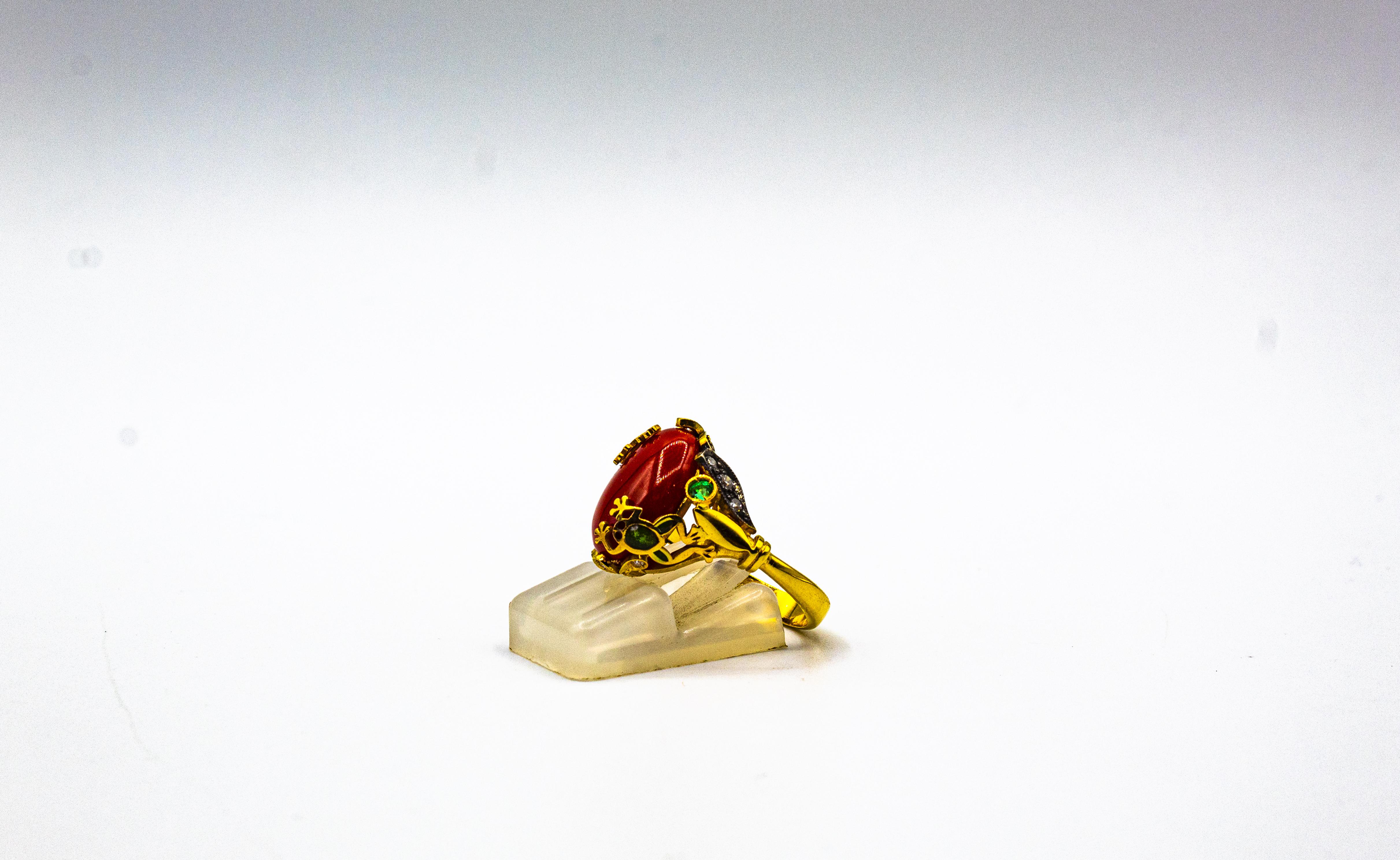 Art Nouveau Style White Diamond Emerald Red Coral Yellow Gold Cocktail Ring For Sale 2
