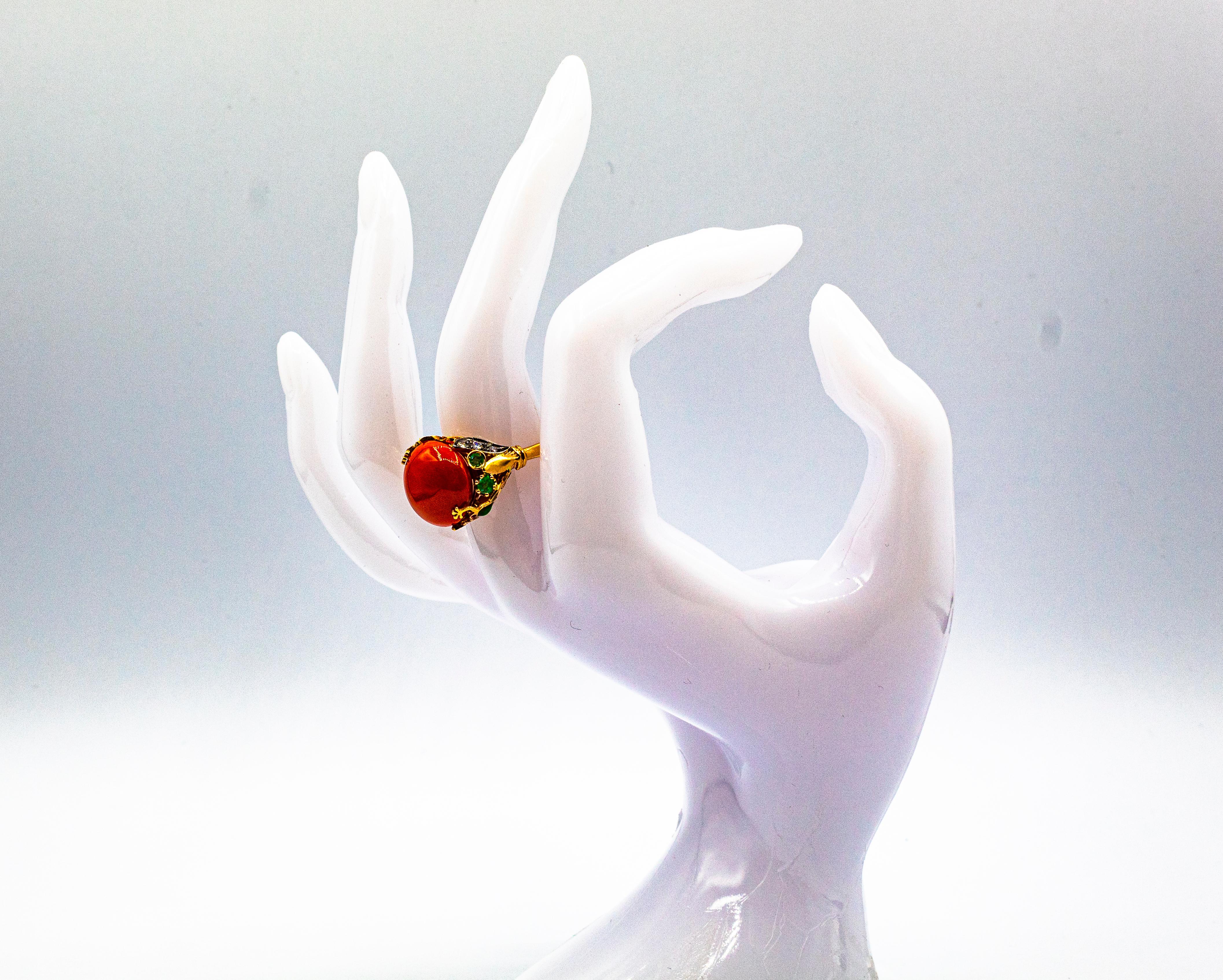 Anillo de Cóctel de Oro Amarillo Estilo Art Nouveau Diamante Blanco Esmeralda Coral Rojo 6