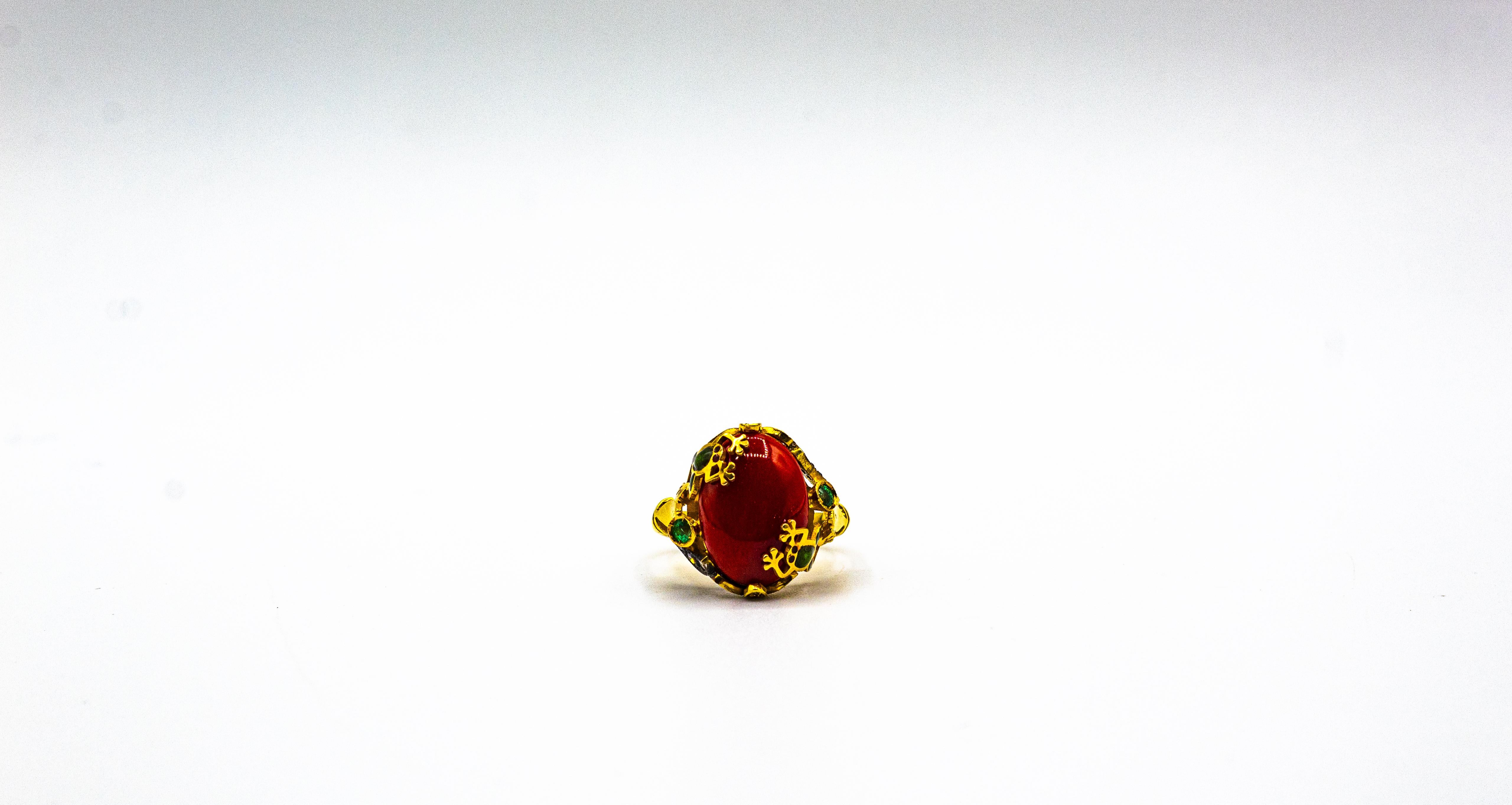 Art Nouveau Style White Diamond Emerald Red Coral Yellow Gold Cocktail Ring For Sale 3