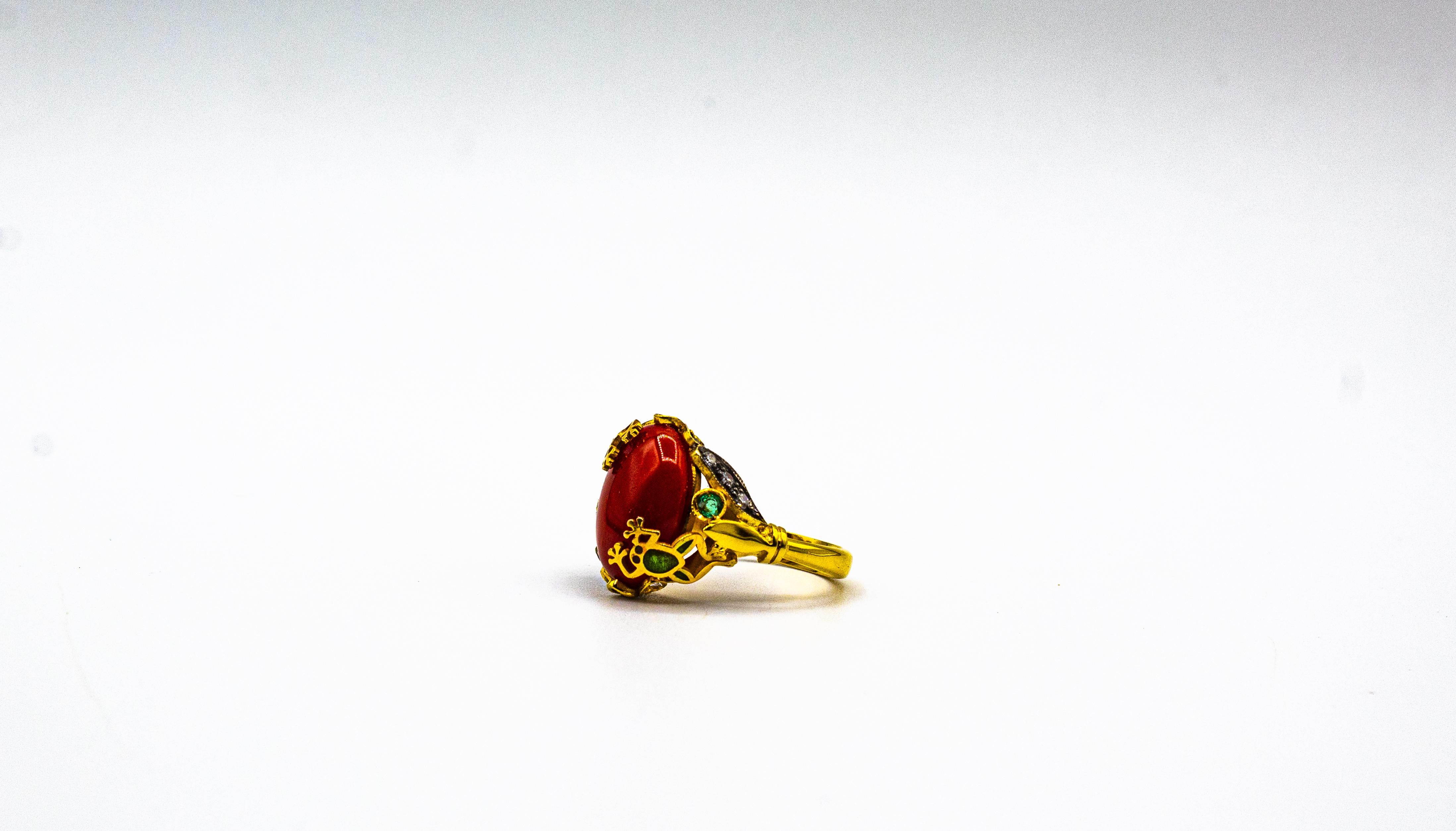 Art Nouveau Style White Diamond Emerald Red Coral Yellow Gold Cocktail Ring For Sale 4