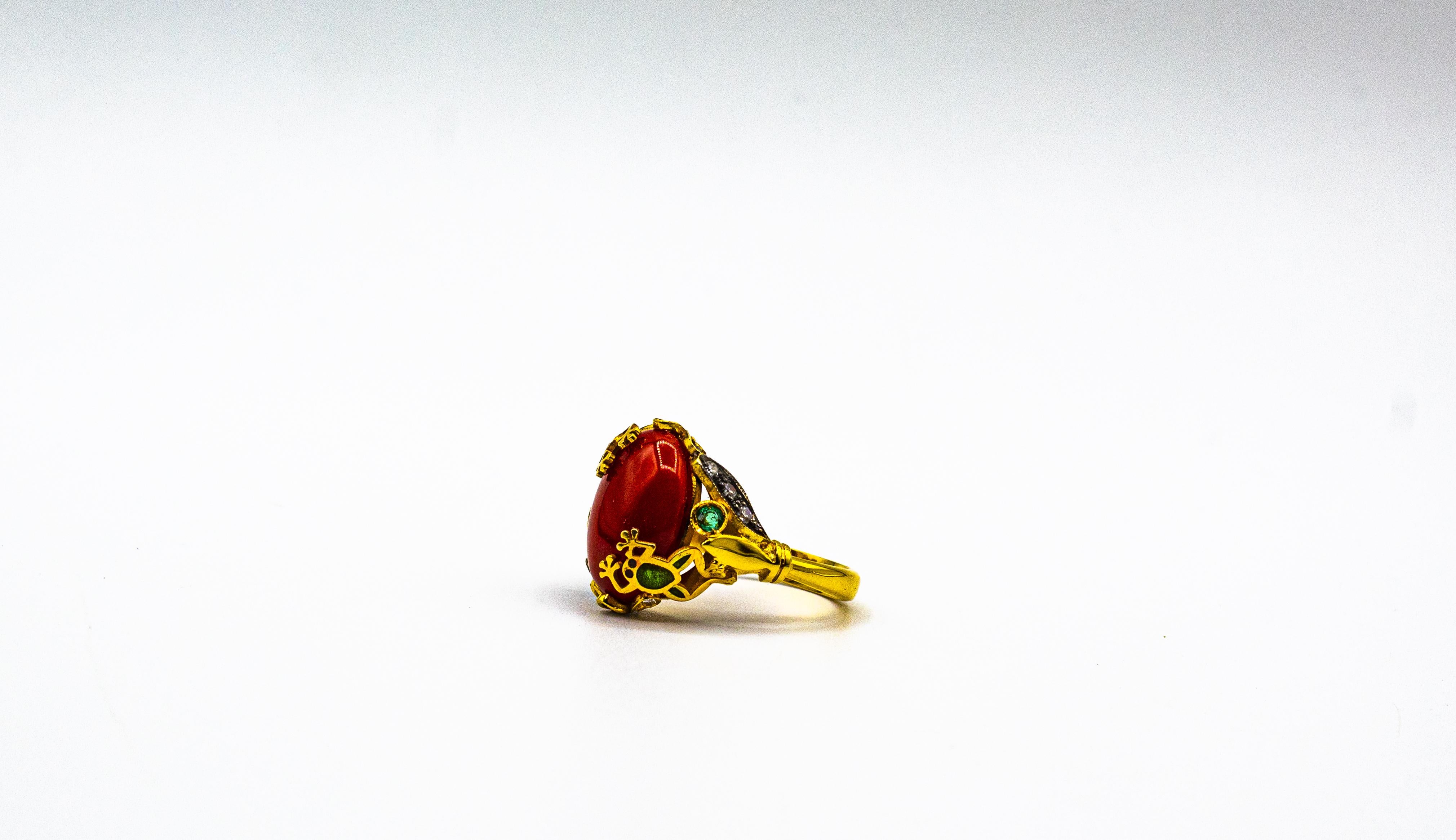 Art Nouveau Style White Diamond Emerald Red Coral Yellow Gold Cocktail Ring For Sale 6