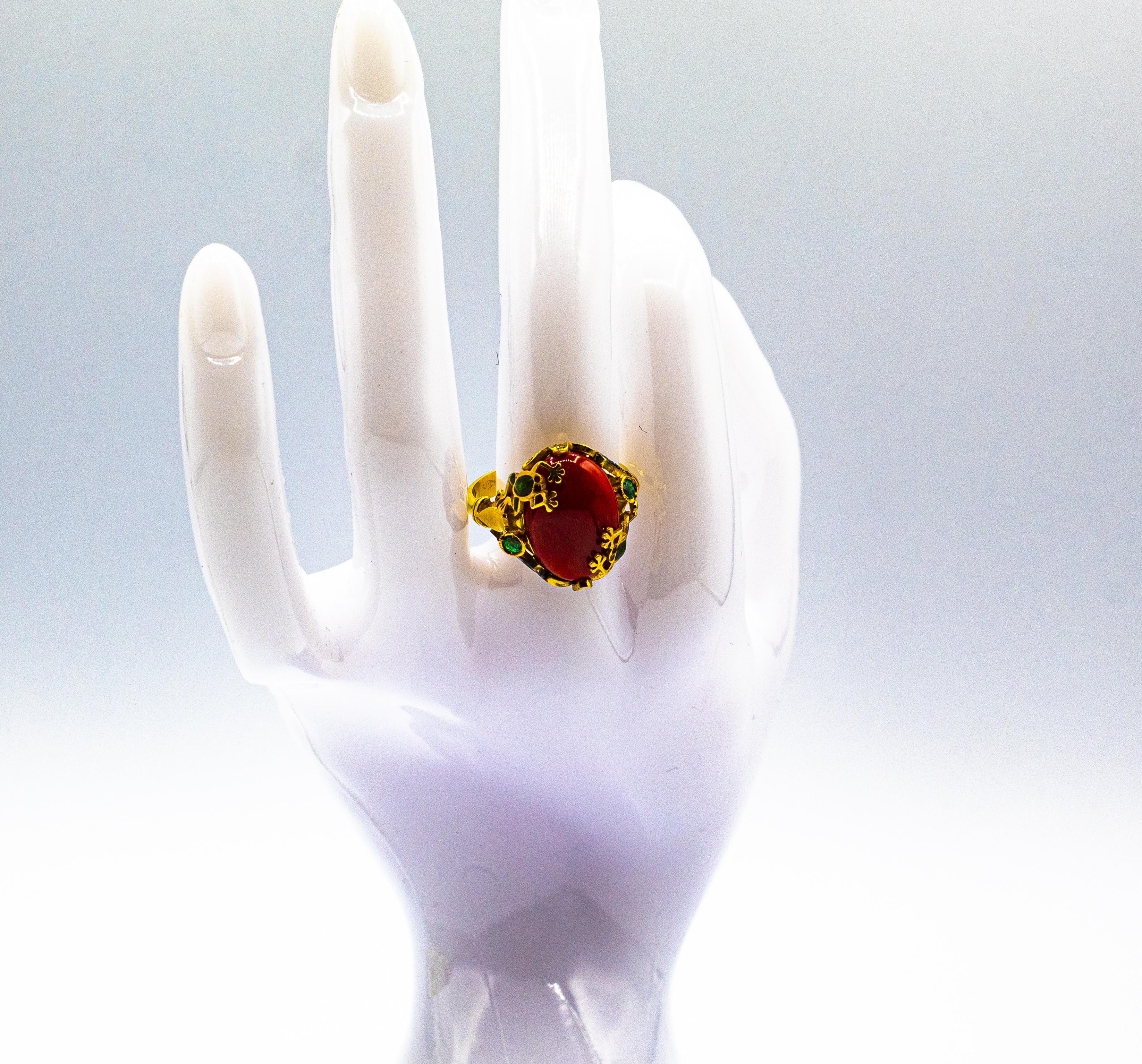 Art Nouveau Style White Diamond Emerald Red Coral Yellow Gold Cocktail Ring For Sale 7