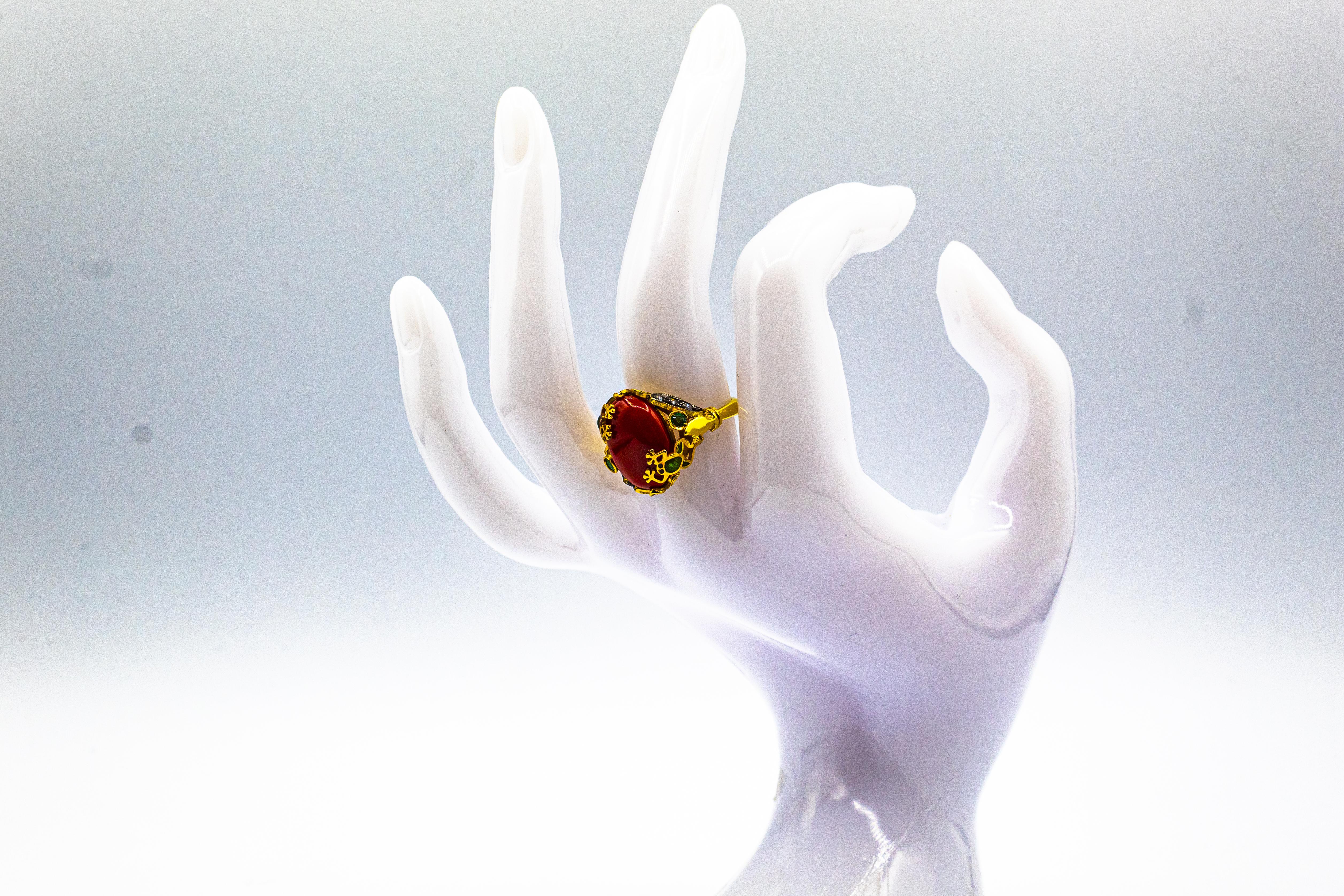 Art Nouveau Style White Diamond Emerald Red Coral Yellow Gold Cocktail Ring For Sale 8