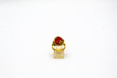 Art Nouveau Style White Diamond Emerald Red Coral Yellow Gold Cocktail Ring