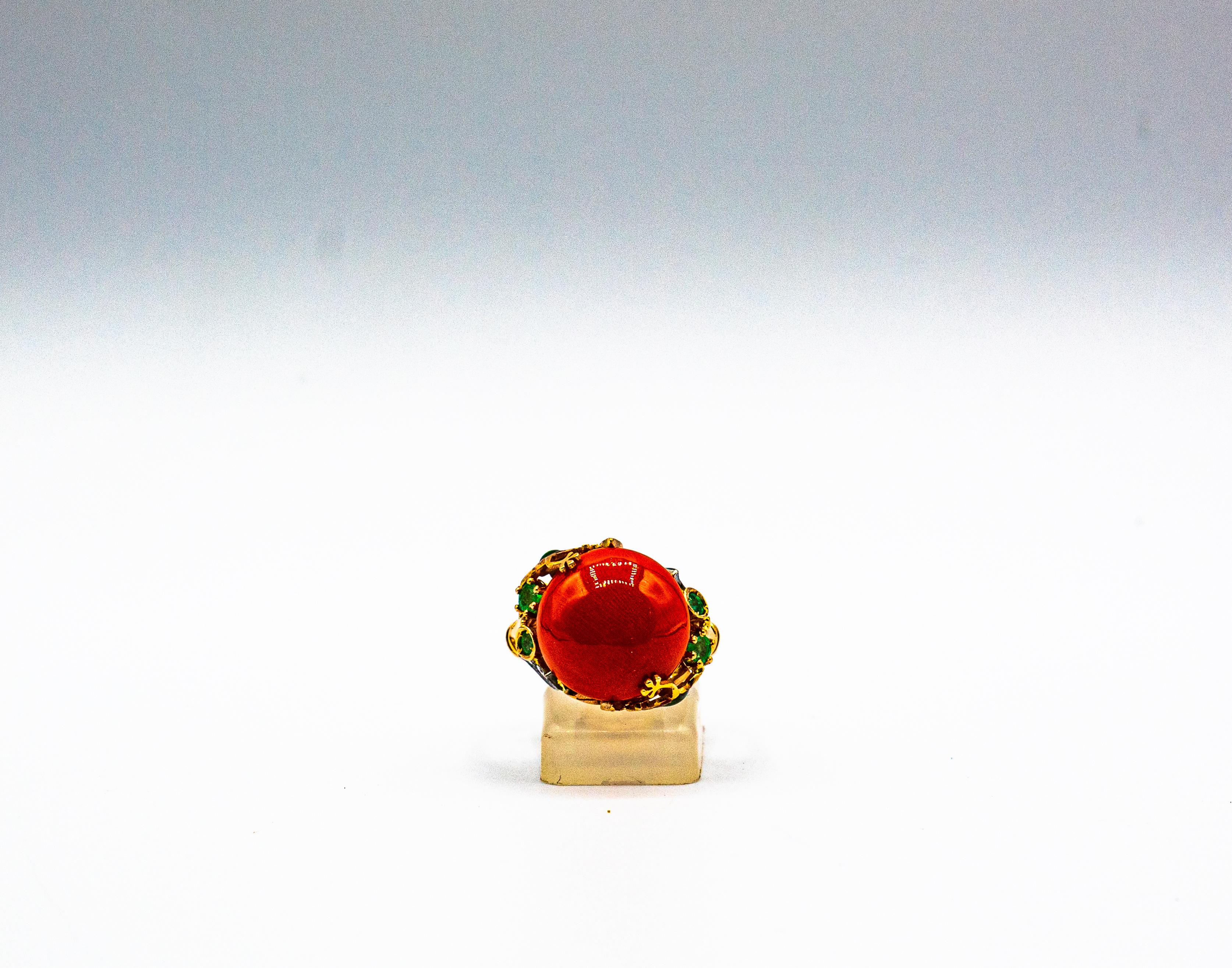 Art Nouveau Style White Diamond Emerald Red Coral Yellow Gold Cocktail Ring In New Condition In Naples, IT