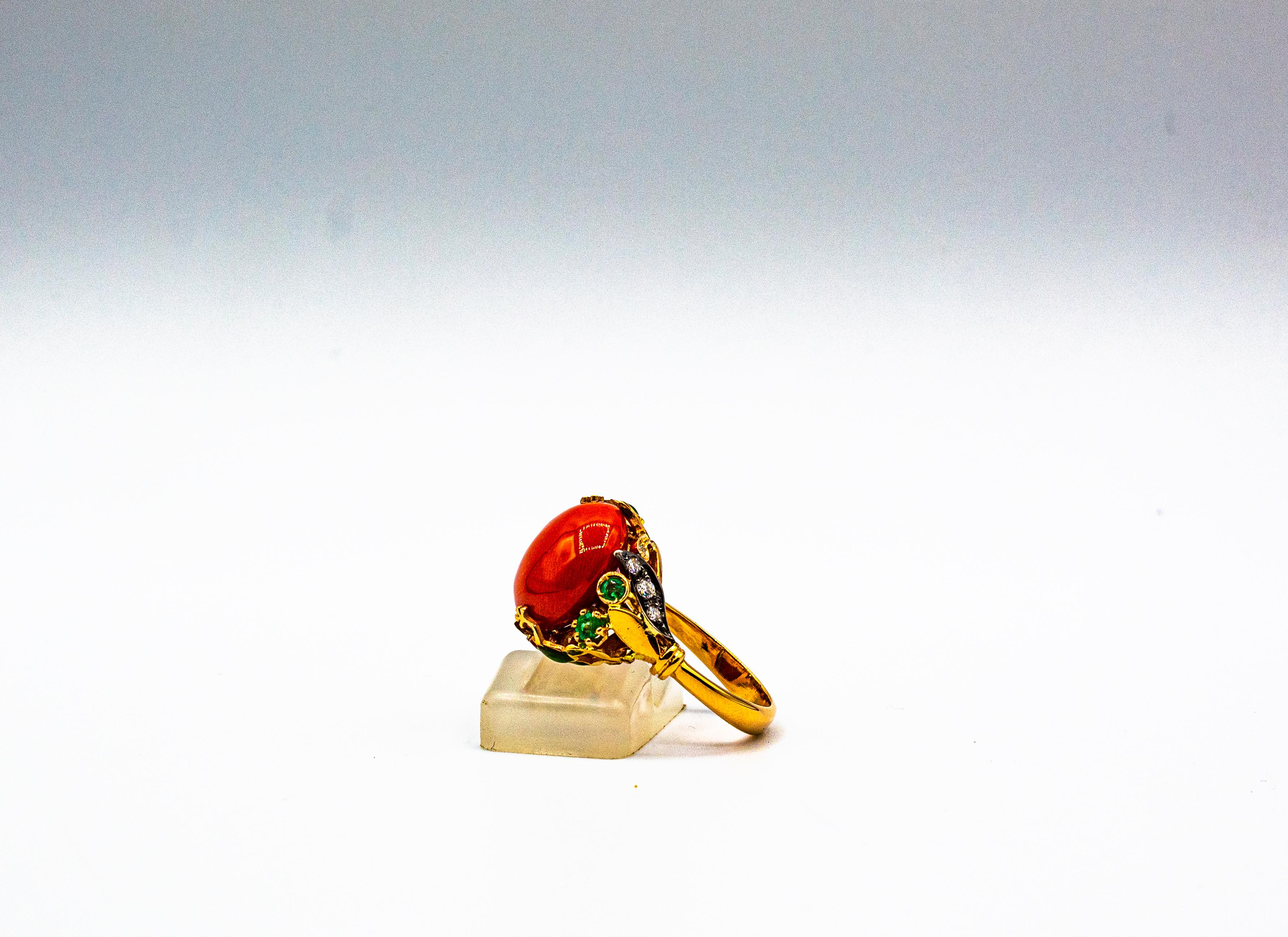 Women's or Men's Art Nouveau Style White Diamond Emerald Red Coral Yellow Gold Cocktail Ring