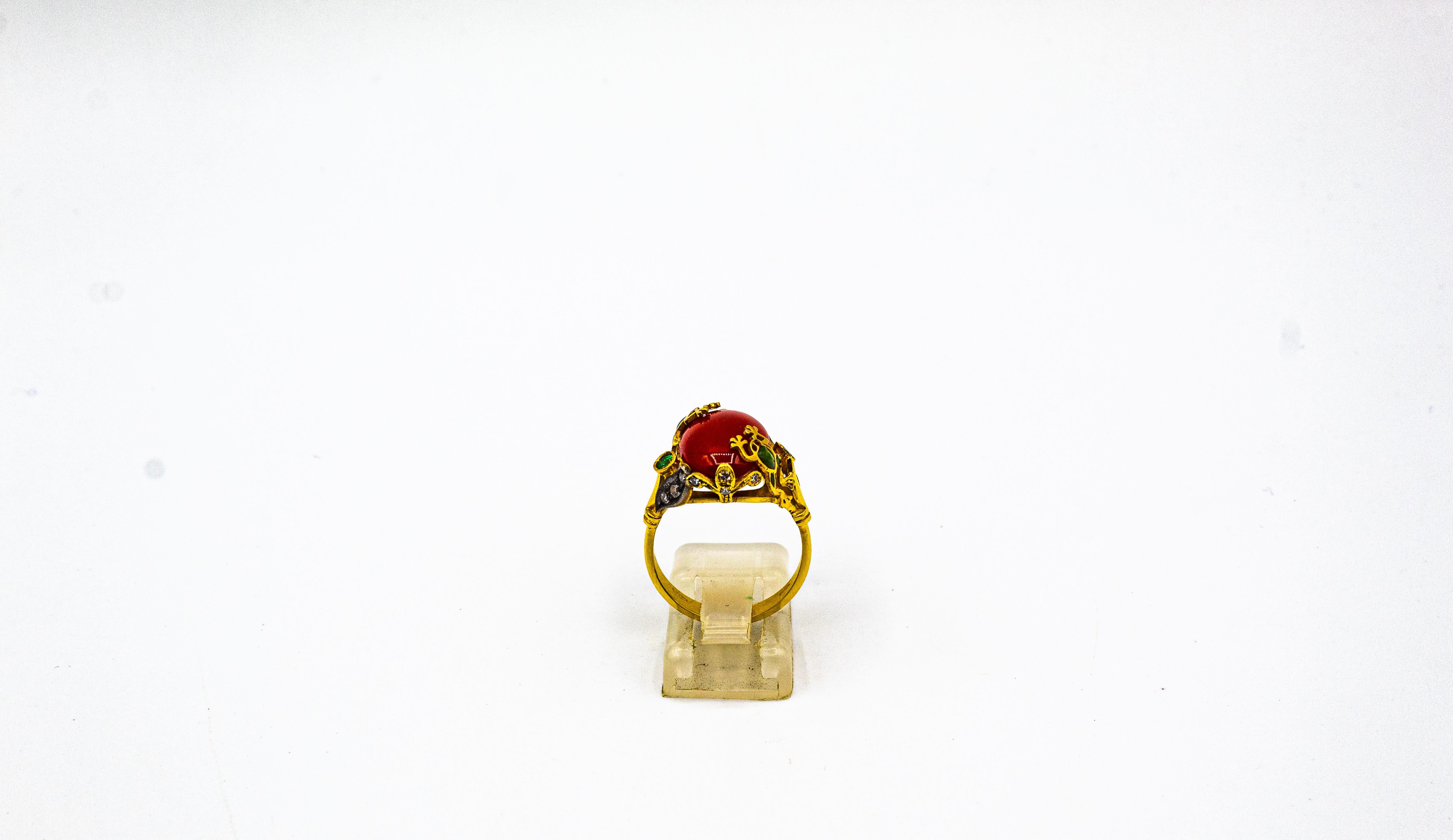 Art Nouveau Style White Diamond Emerald Red Coral Yellow Gold Cocktail Ring 1