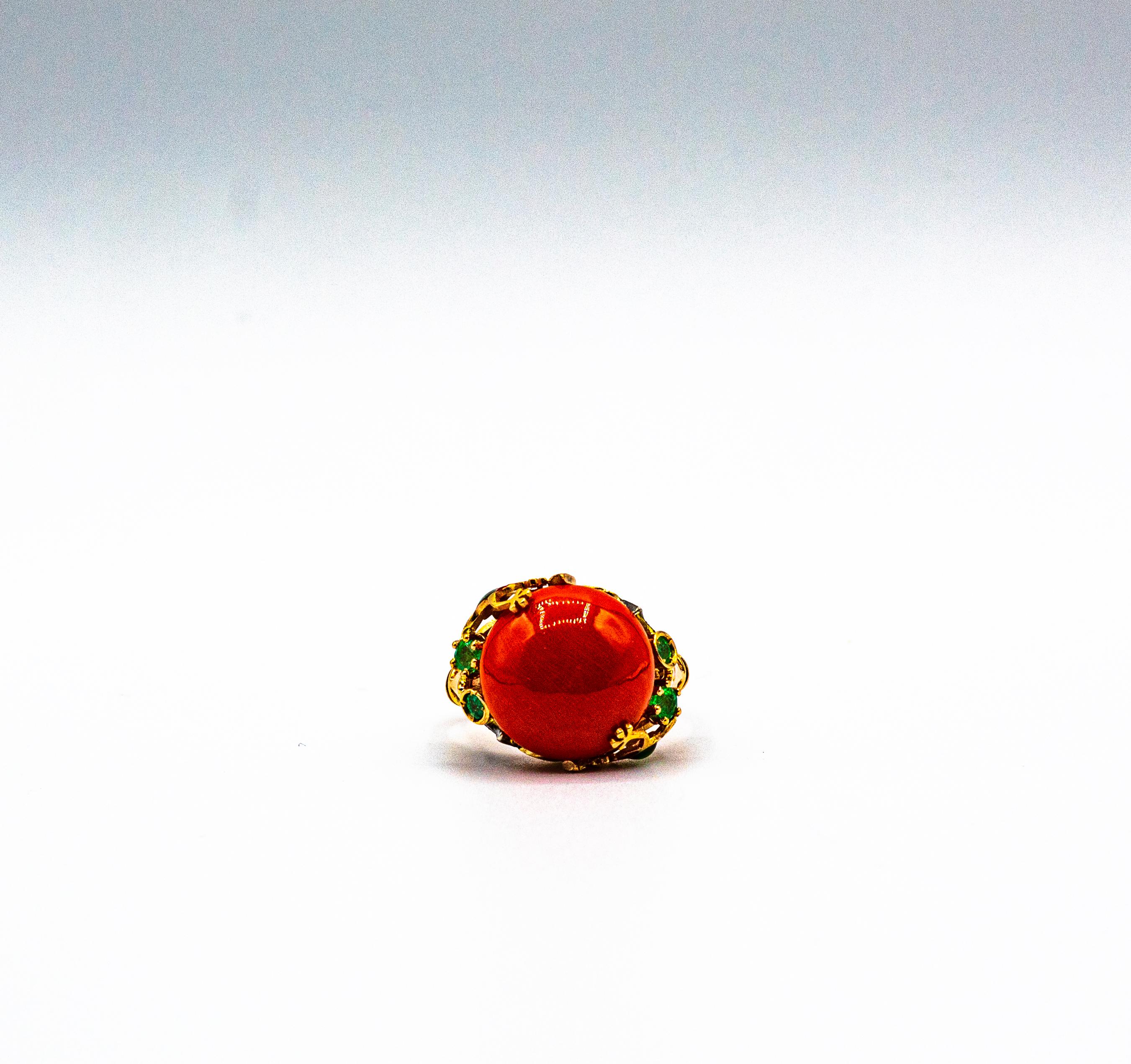 Anillo de Cóctel de Oro Amarillo Estilo Art Nouveau Diamante Blanco Esmeralda Coral Rojo 1
