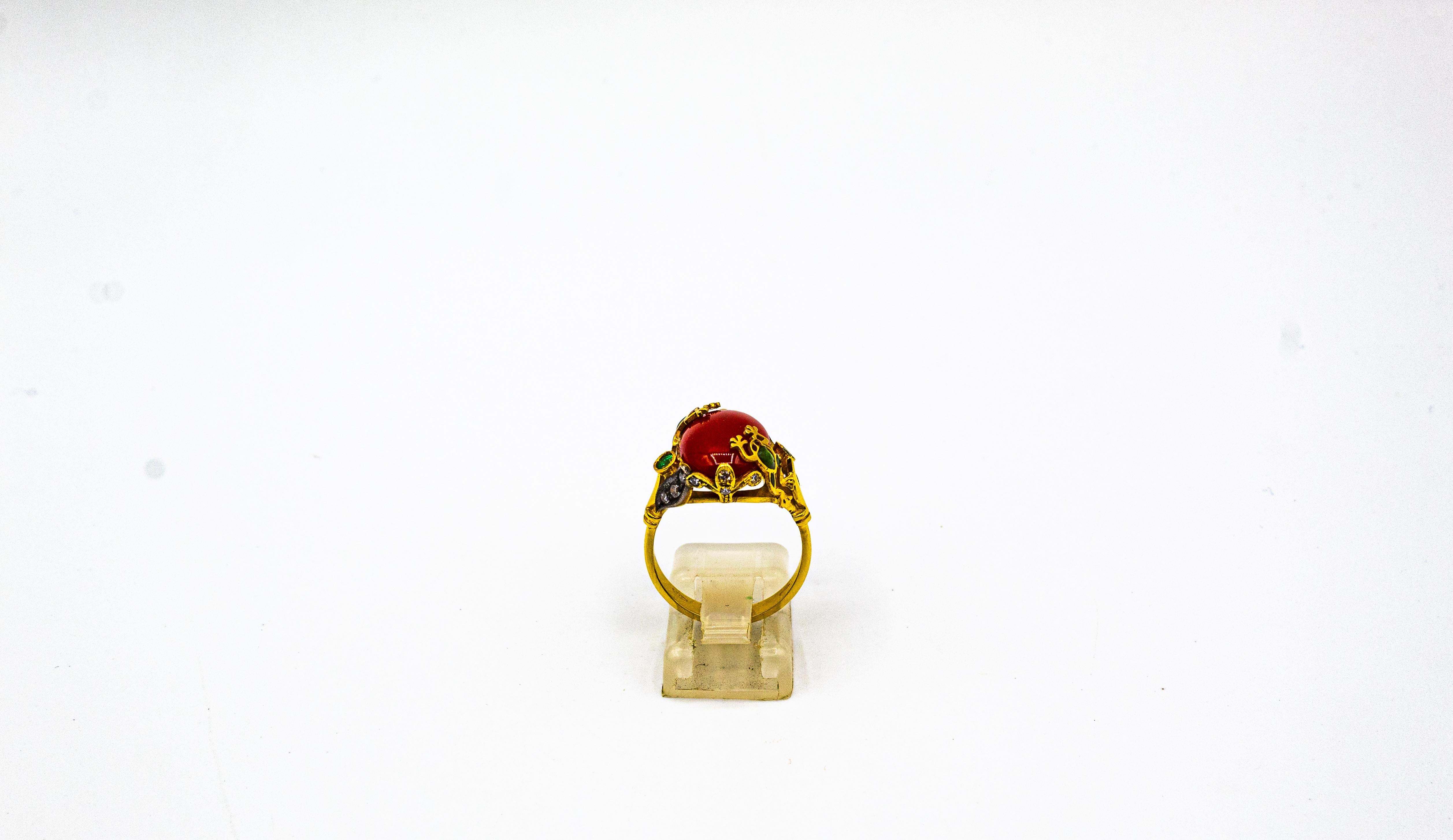 Cabochon Art Nouveau Style White Diamond Emerald Red Coral Yellow Gold Cocktail Ring For Sale