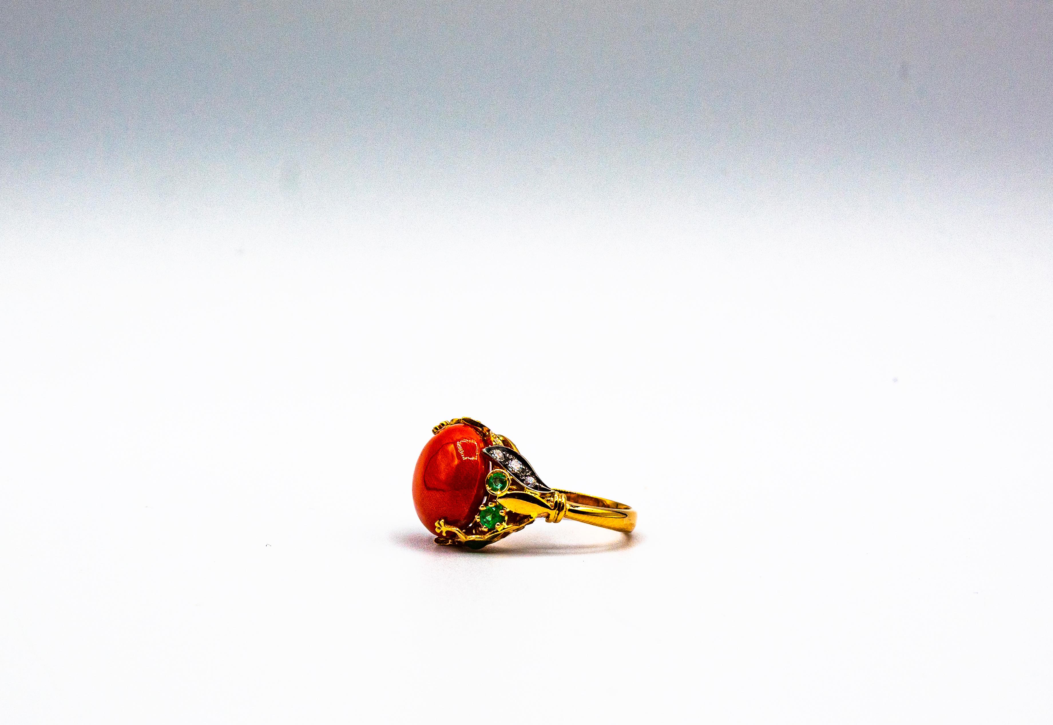Art Nouveau Style White Diamond Emerald Red Coral Yellow Gold Cocktail Ring 2