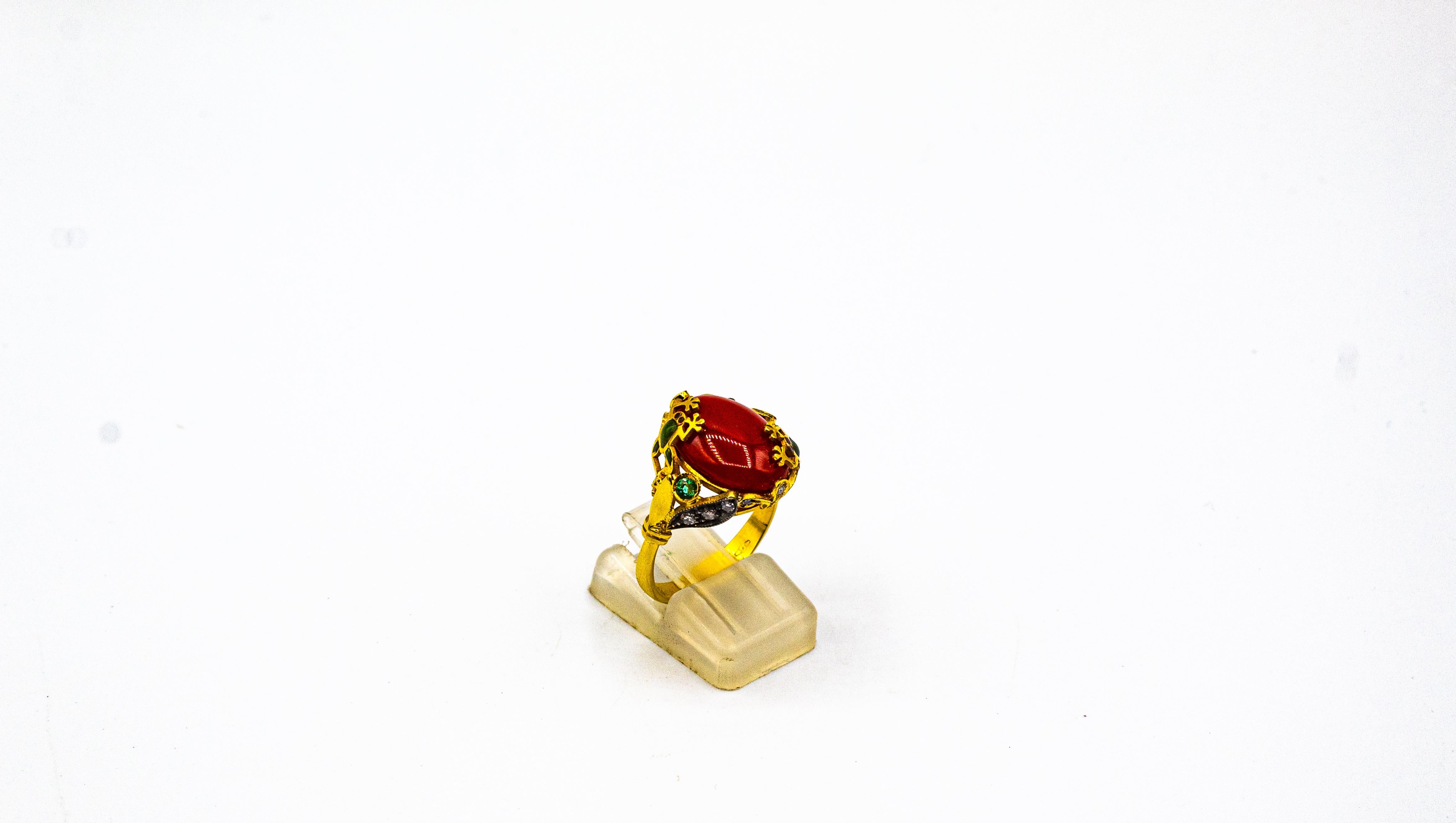 Art Nouveau Style White Diamond Emerald Red Coral Yellow Gold Cocktail Ring In New Condition For Sale In Naples, IT