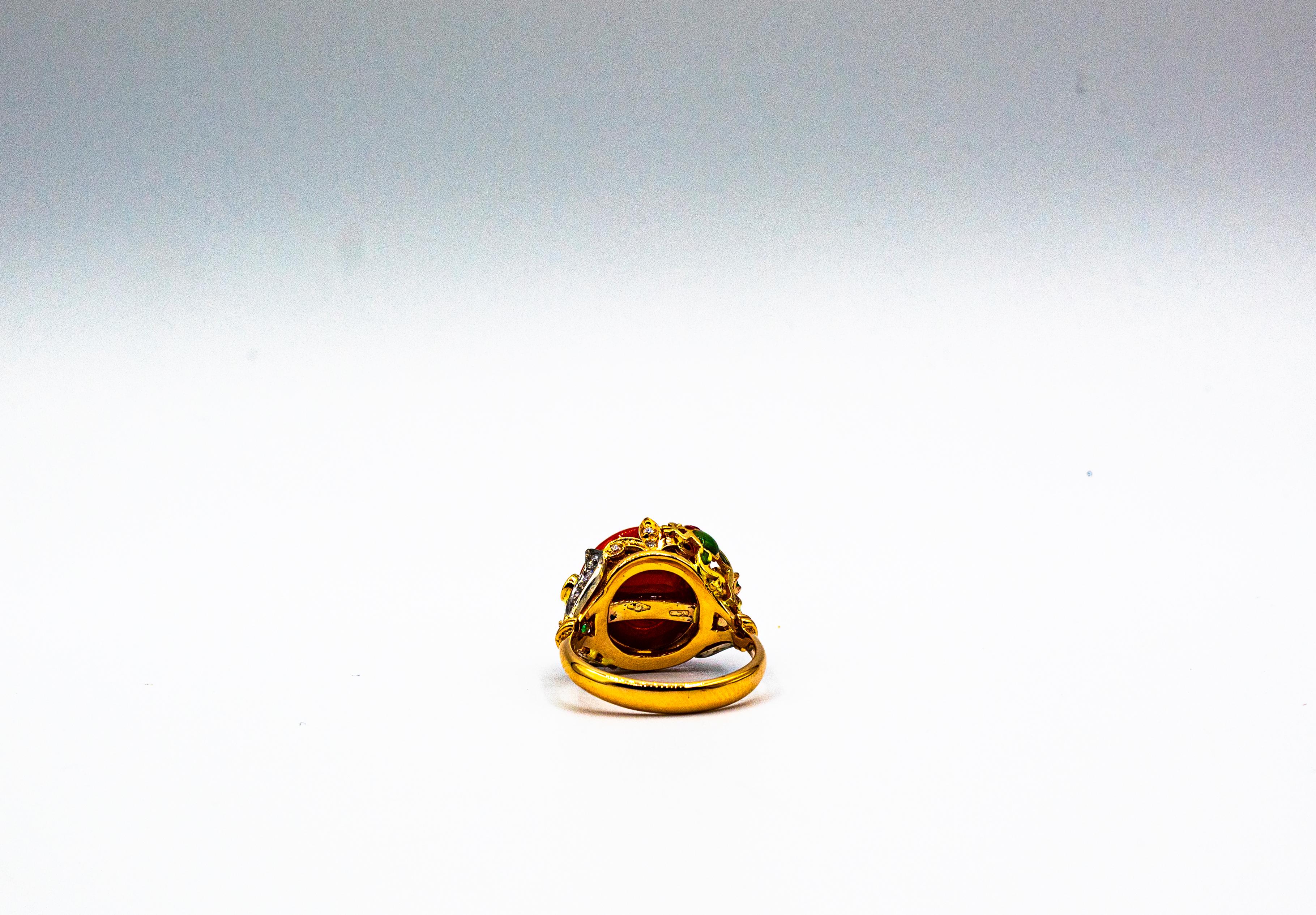 Anillo de Cóctel de Oro Amarillo Estilo Art Nouveau Diamante Blanco Esmeralda Coral Rojo 3