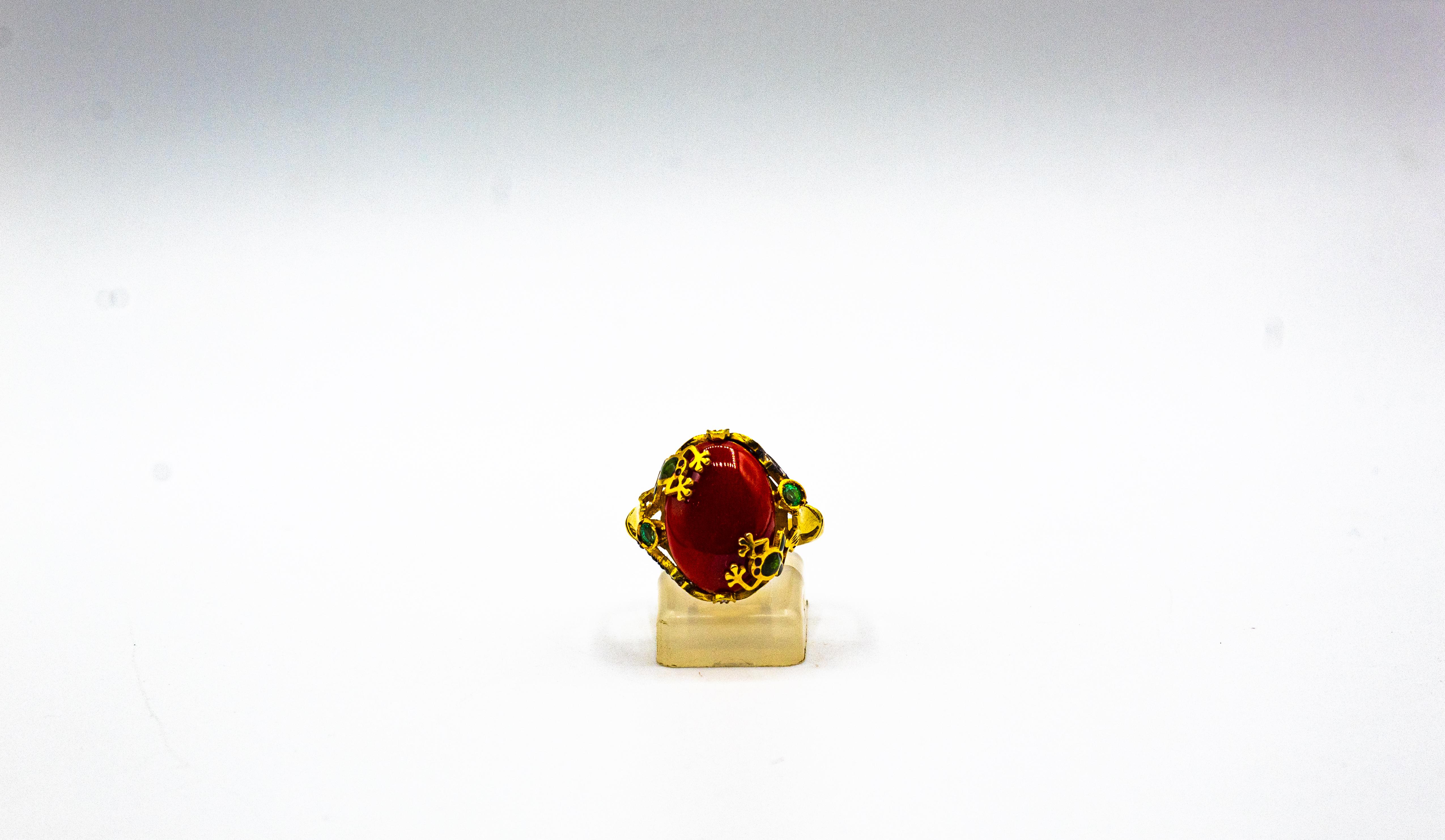 Women's or Men's Art Nouveau Style White Diamond Emerald Red Coral Yellow Gold Cocktail Ring For Sale