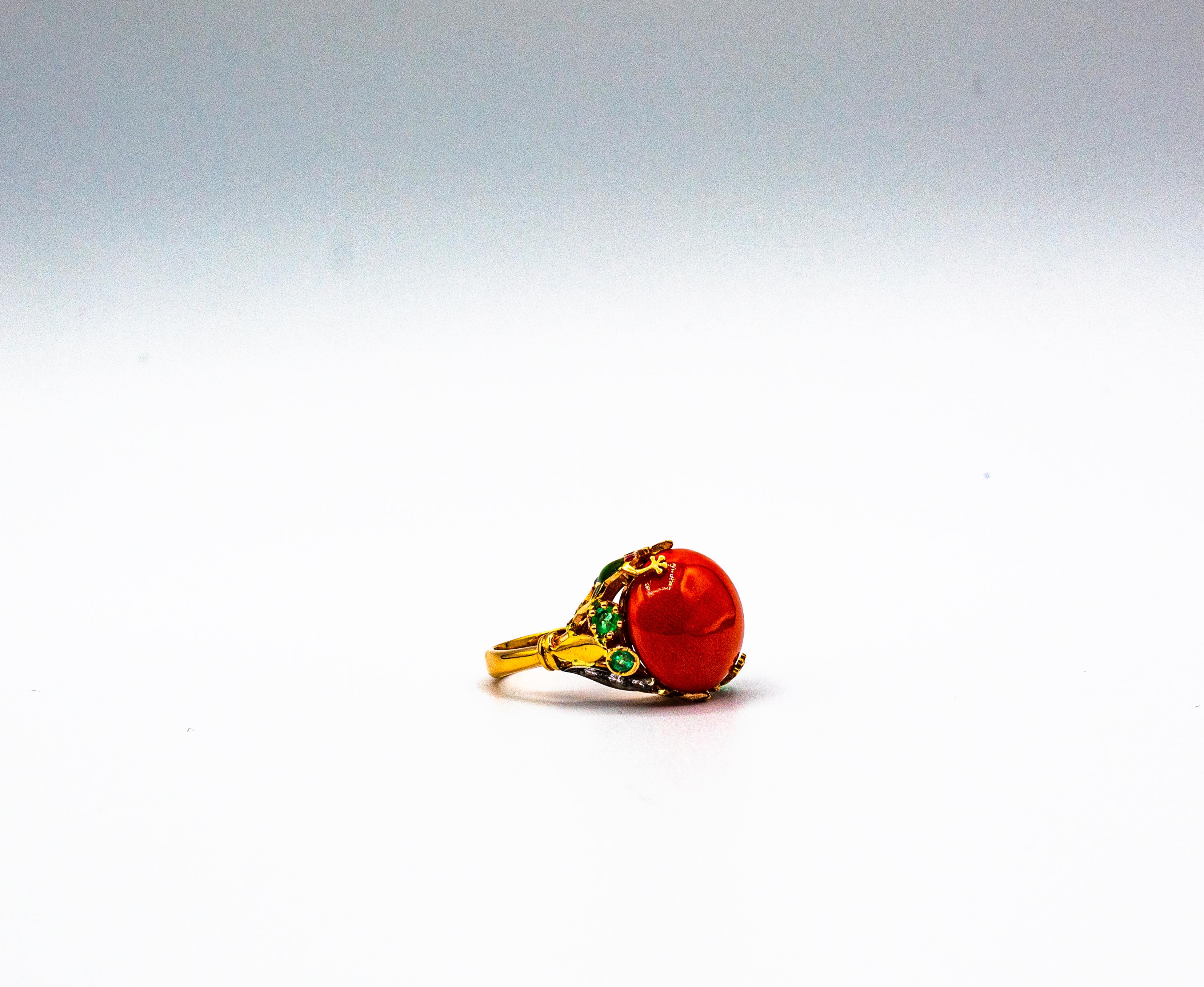 Art Nouveau Style White Diamond Emerald Red Coral Yellow Gold Cocktail Ring 4
