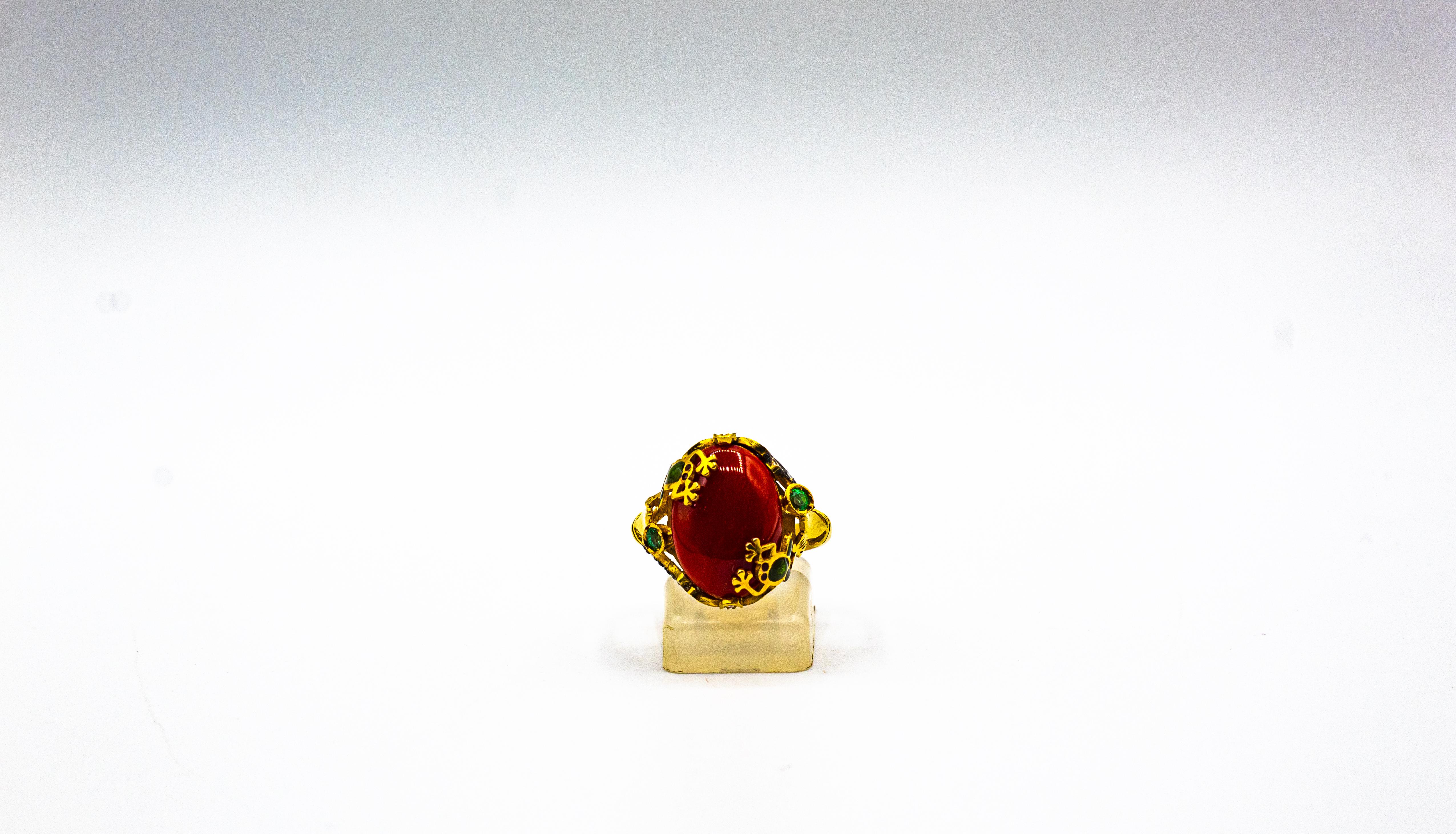 Art Nouveau Style White Diamond Emerald Red Coral Yellow Gold Cocktail Ring For Sale 1