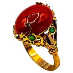 Art Nouveau Style White Diamond Emerald Red Coral Yellow Gold Cocktail Ring