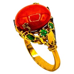 Art Nouveau Style White Diamond Emerald Red Coral Yellow Gold Cocktail Ring