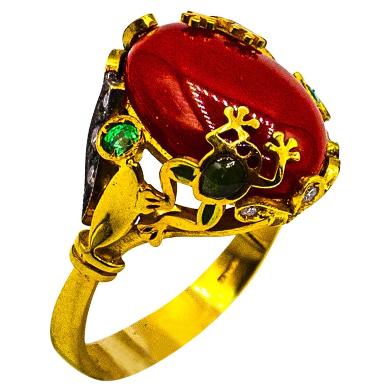 Art Nouveau Style White Diamond Emerald Red Coral Yellow Gold Cocktail Ring For Sale