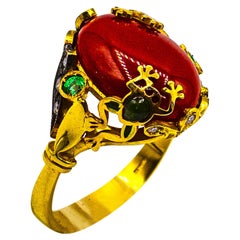 Art Nouveau Style White Diamond Emerald Red Coral Yellow Gold Cocktail Ring