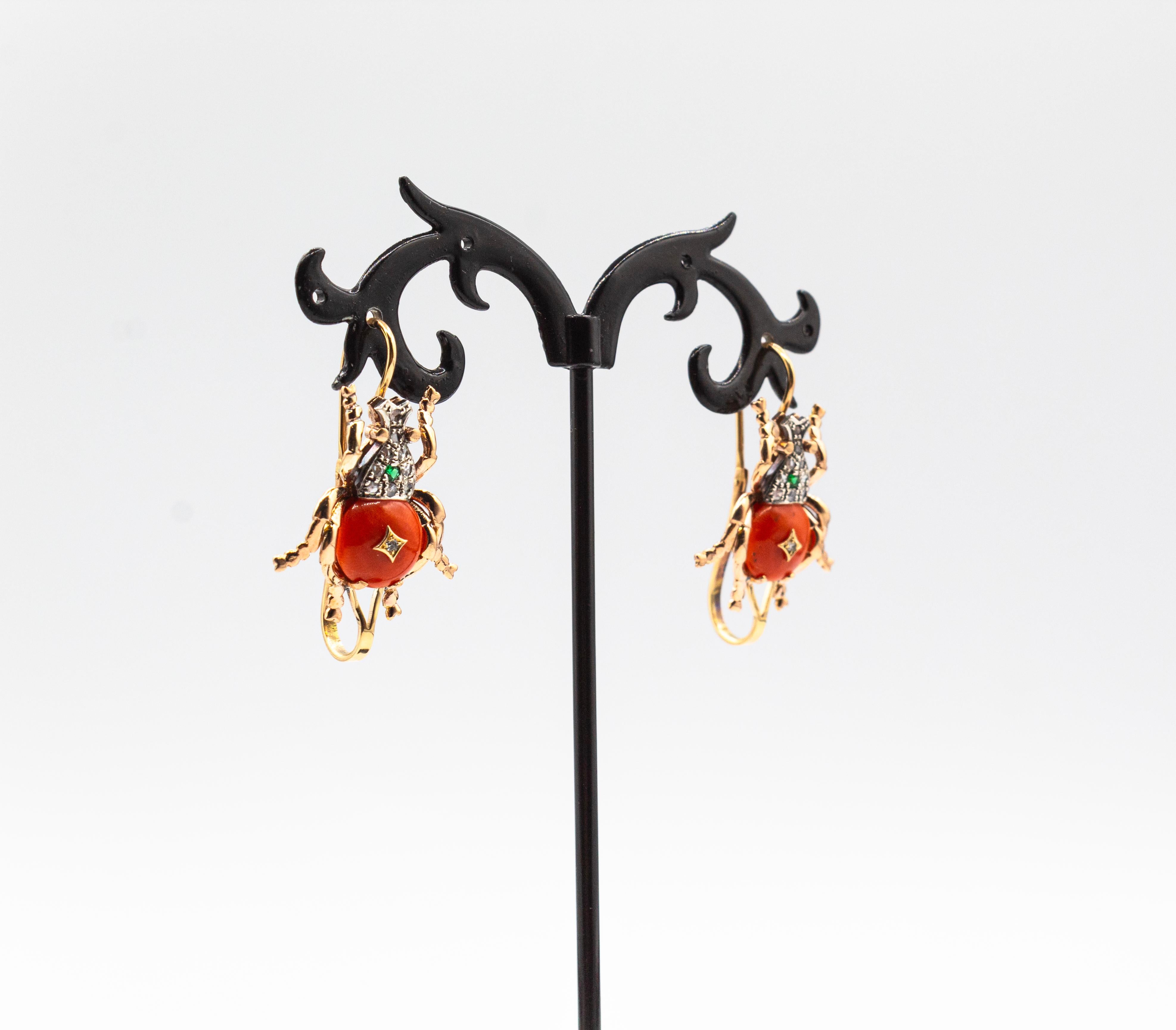 Art Nouveau Style White Diamond Emerald Red Coral Yellow Gold Drop Earrings In New Condition For Sale In Naples, IT
