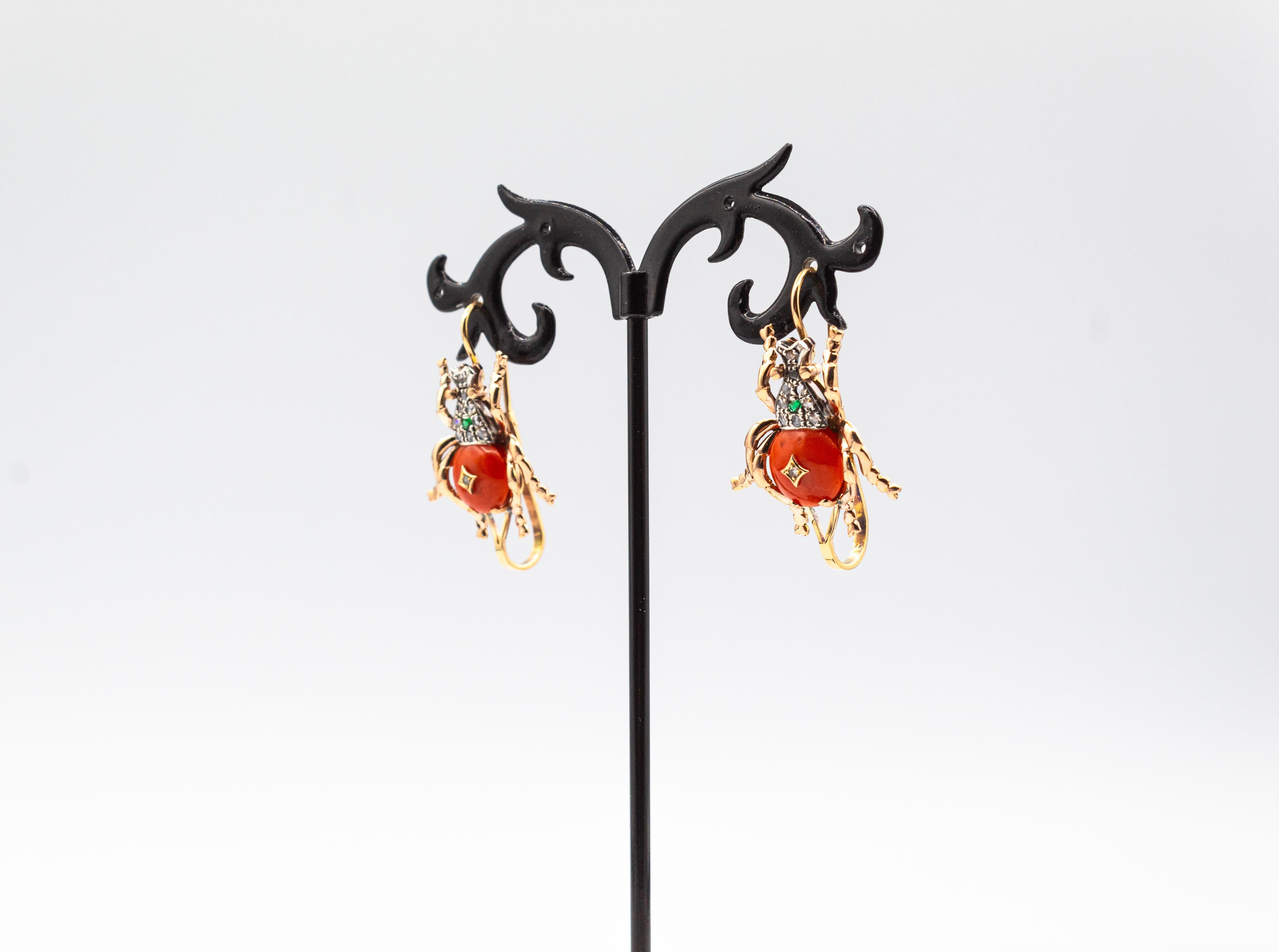 Art Nouveau Style White Diamond Emerald Red Coral Yellow Gold Drop Earrings For Sale 1
