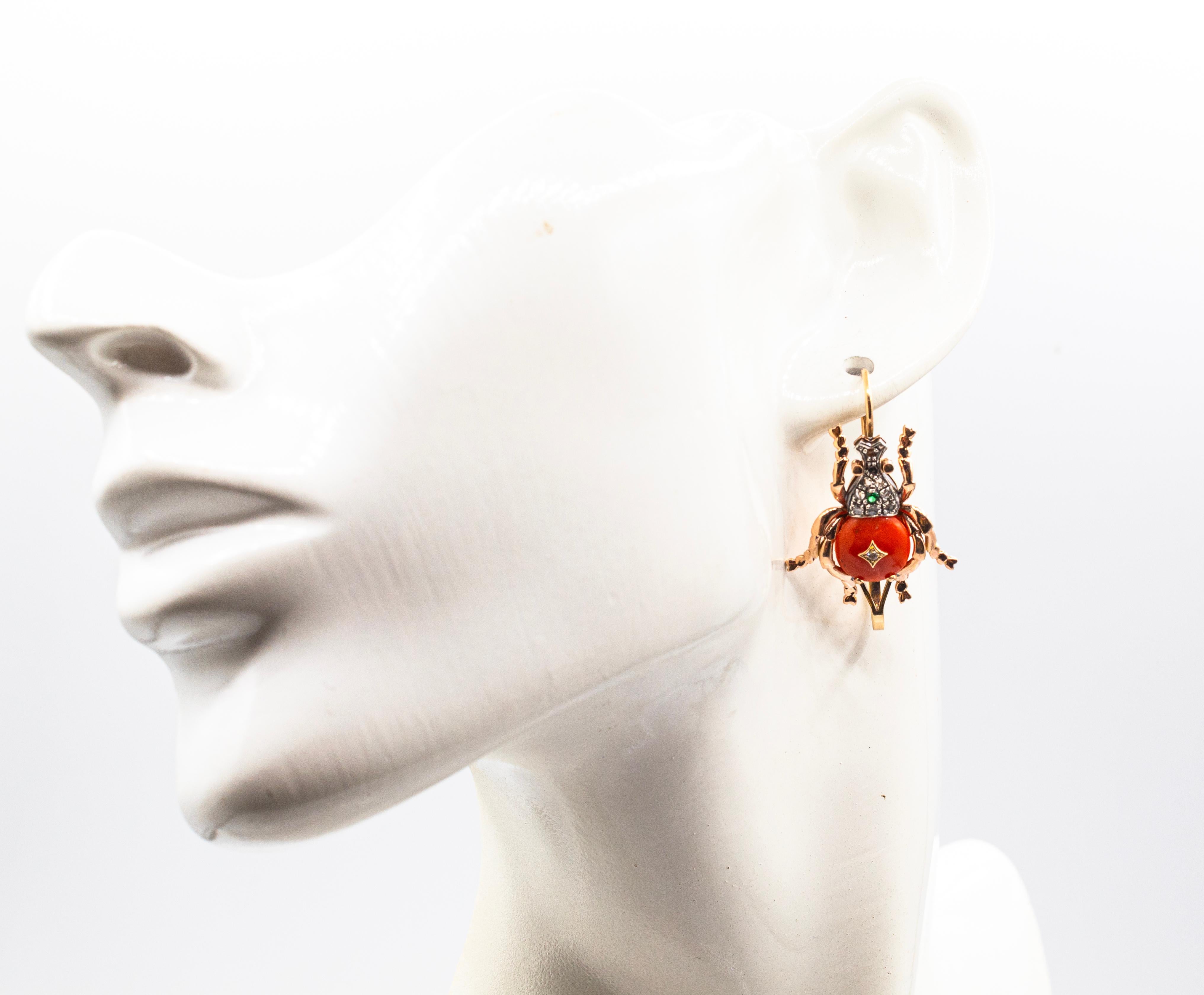 Art Nouveau Style White Diamond Emerald Red Coral Yellow Gold Drop Earrings For Sale 4