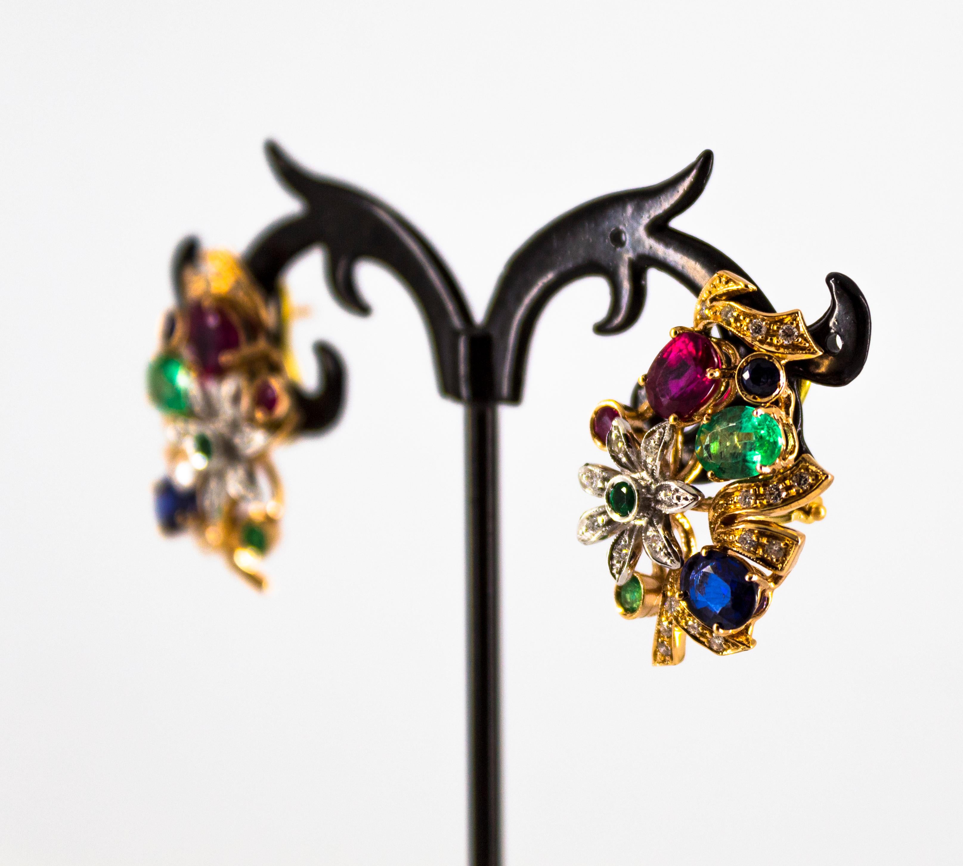 Art Nouveau Style White Diamond Emerald Ruby Blue Sapphire Yellow Gold Earrings For Sale 4