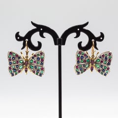 Art Nouveau Style White Diamond Emerald Ruby Blue Sapphire Yellow Gold Earrings