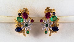 Art Nouveau Style White Diamond Emerald Ruby Blue Sapphire Yellow Gold Earrings
