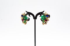 Art Nouveau Style White Diamond Emerald Ruby Blue Sapphire Yellow Gold Earrings