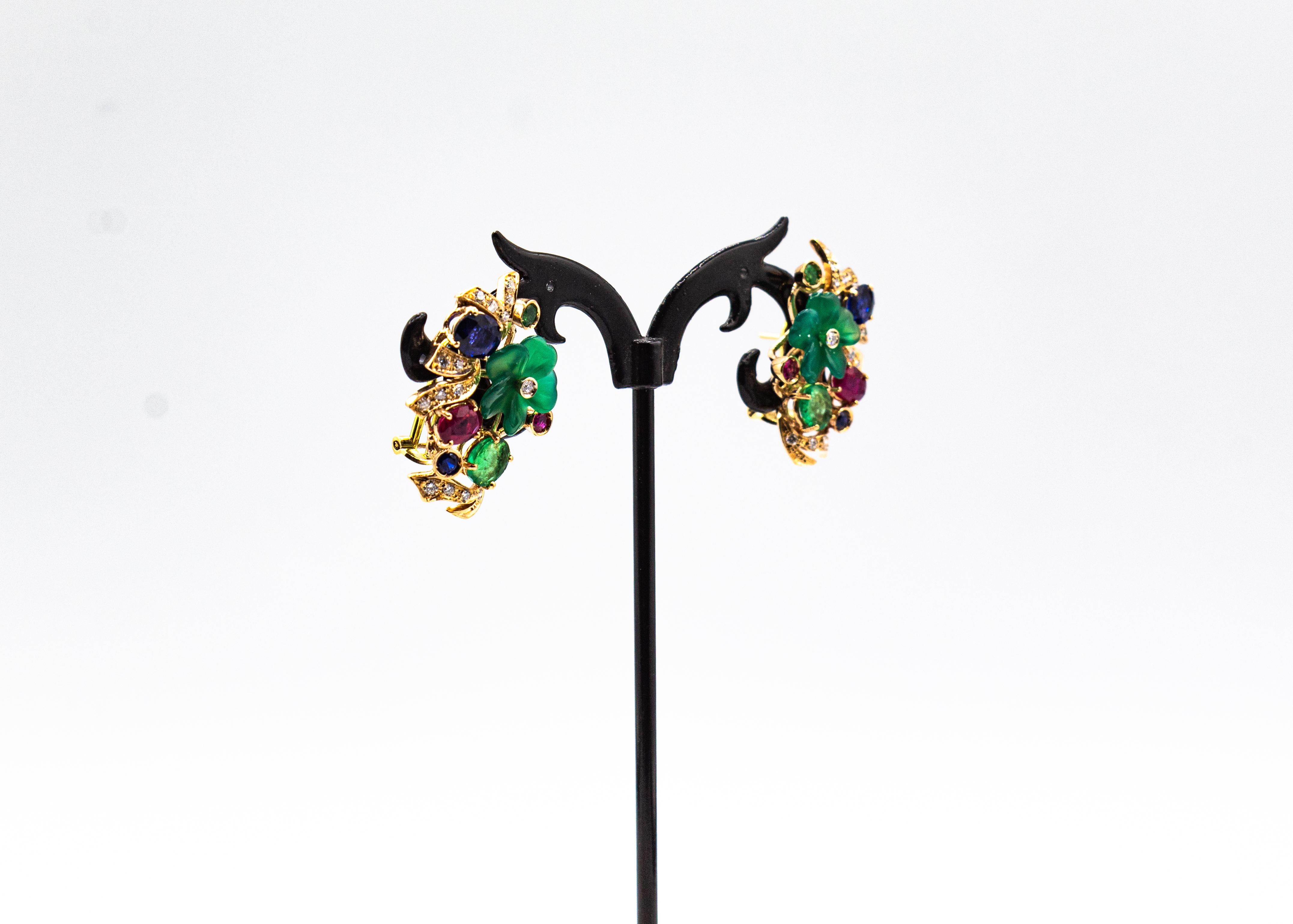 Women's or Men's Art Nouveau Style White Diamond Emerald Ruby Blue Sapphire Yellow Gold Earrings For Sale