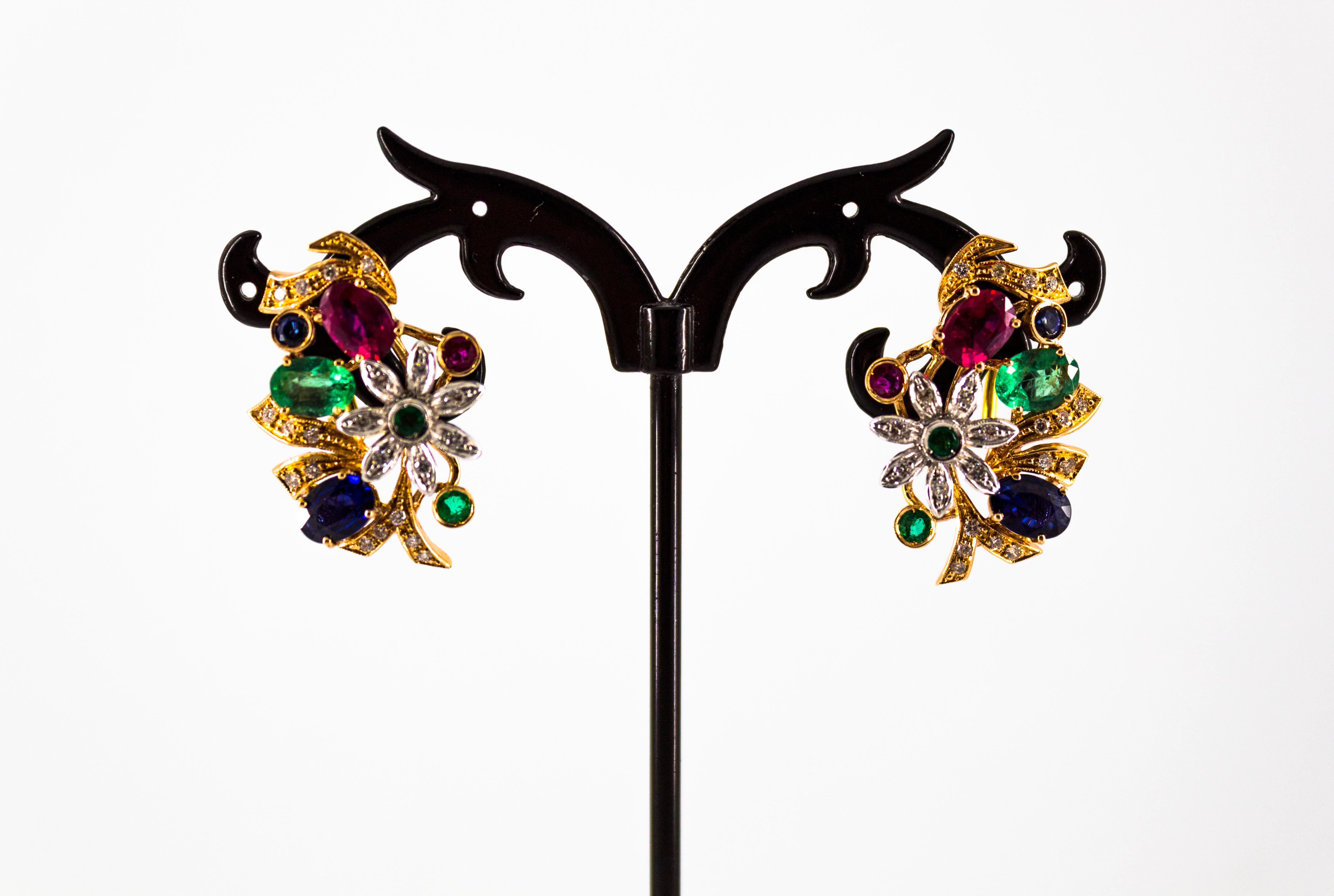 Women's or Men's Art Nouveau Style White Diamond Emerald Ruby Blue Sapphire Yellow Gold Earrings For Sale