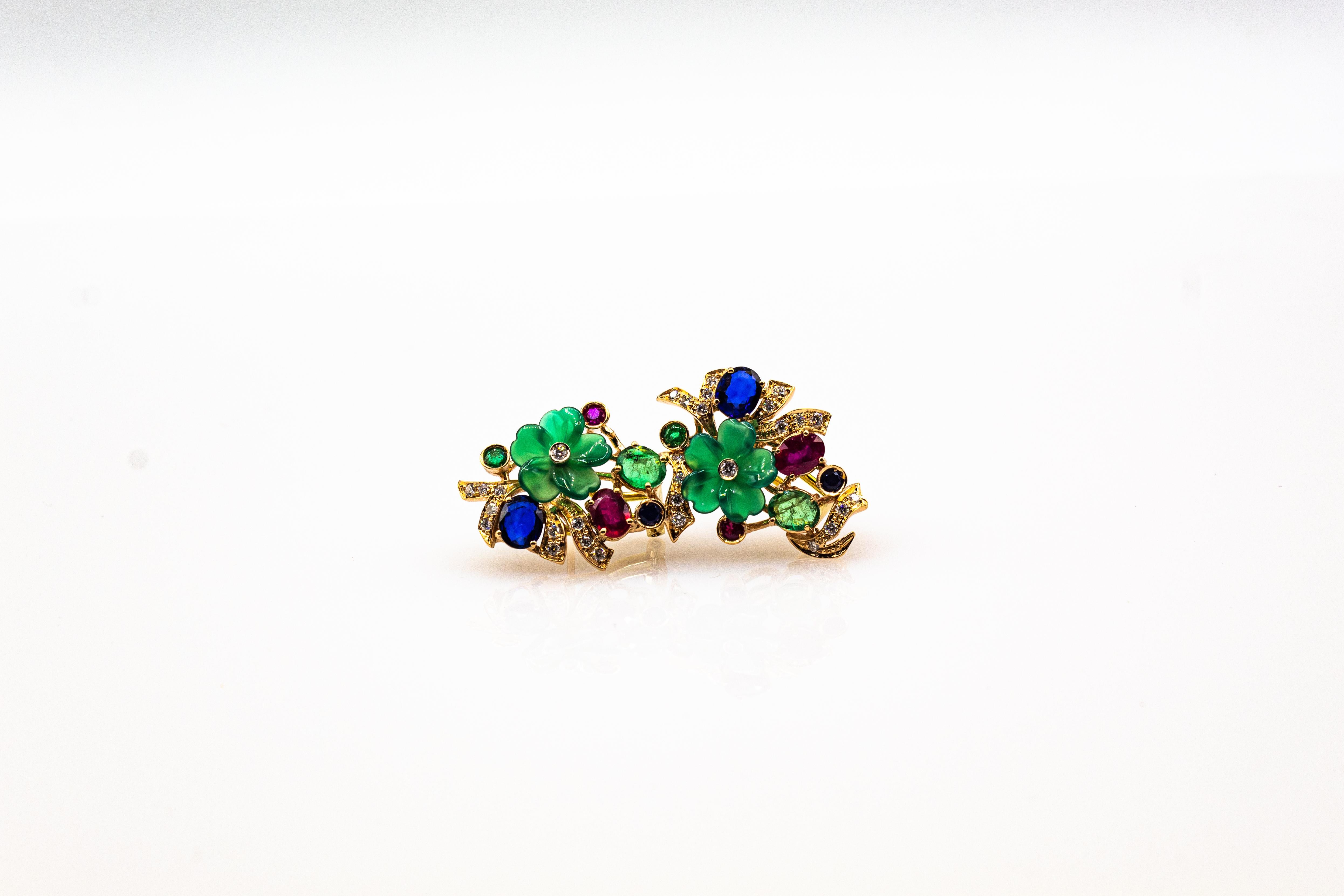 Gelbgold-Ohrringe im Jugendstil mit weißem Diamanten, Smaragd, Rubin und blauem Saphir für Damen oder Herren im Angebot
