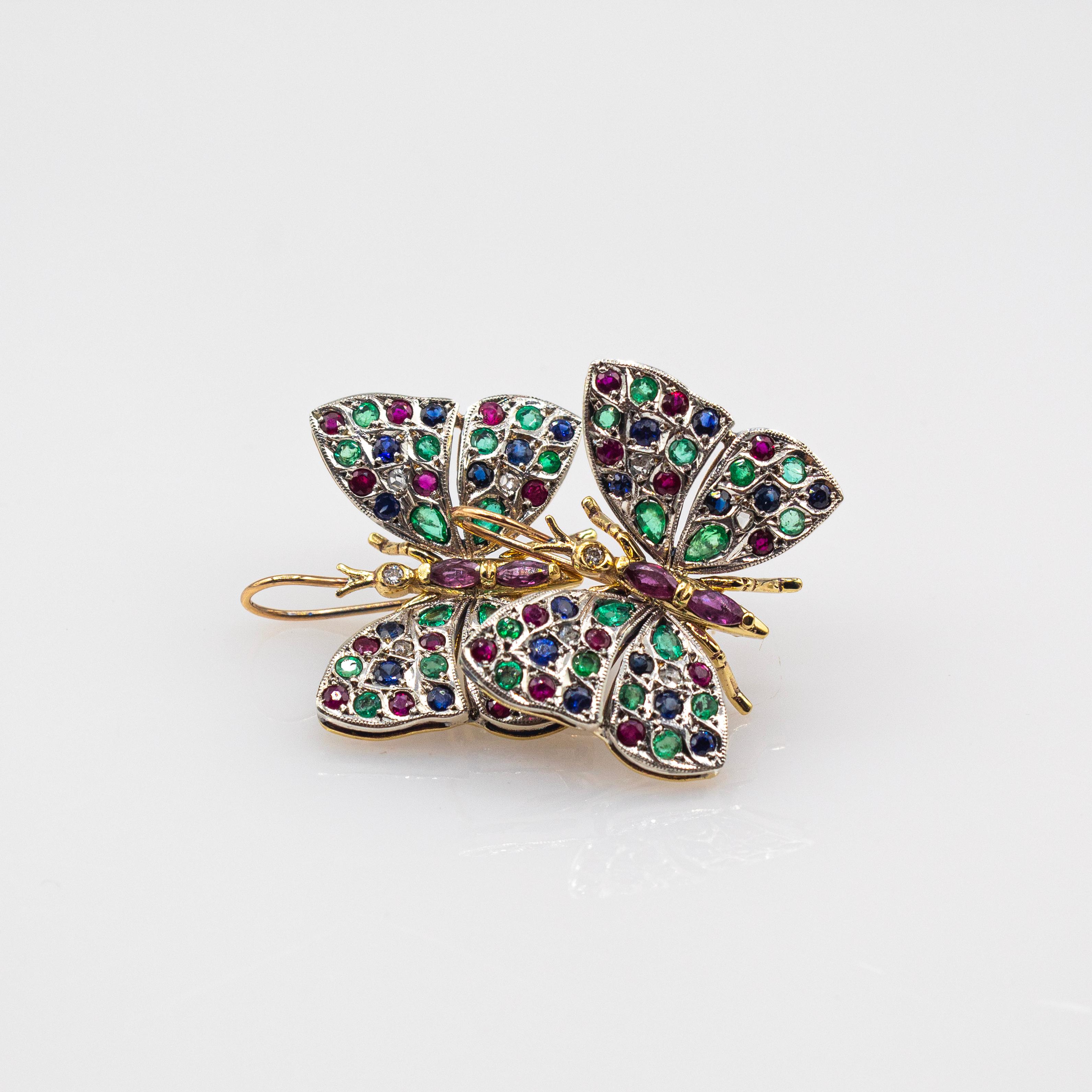 Boucles d'oreilles en or jaune de style Art nouveau avec diamant blanc, émeraude, rubis et saphir bleu en vente 1