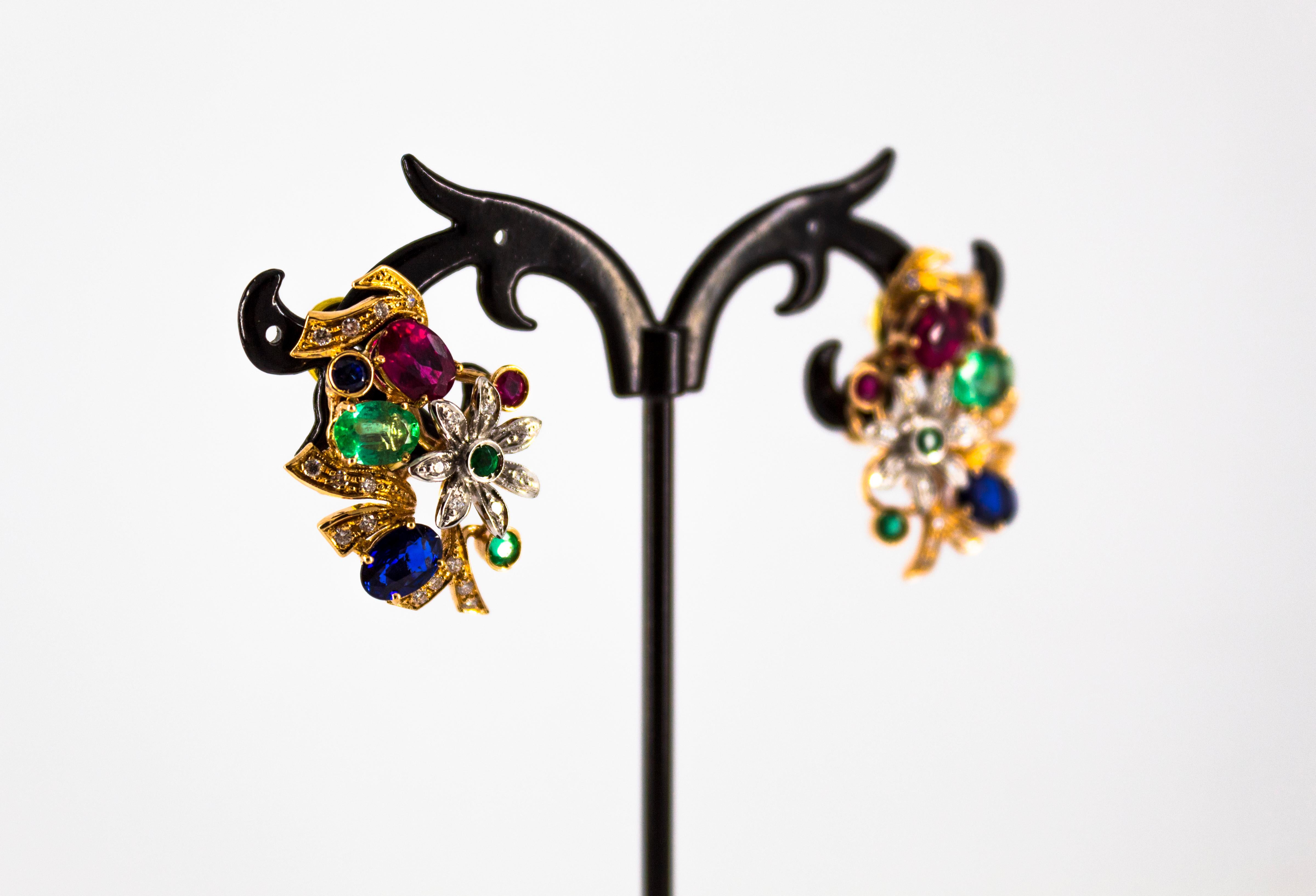 Art Nouveau Style White Diamond Emerald Ruby Blue Sapphire Yellow Gold Earrings For Sale 1