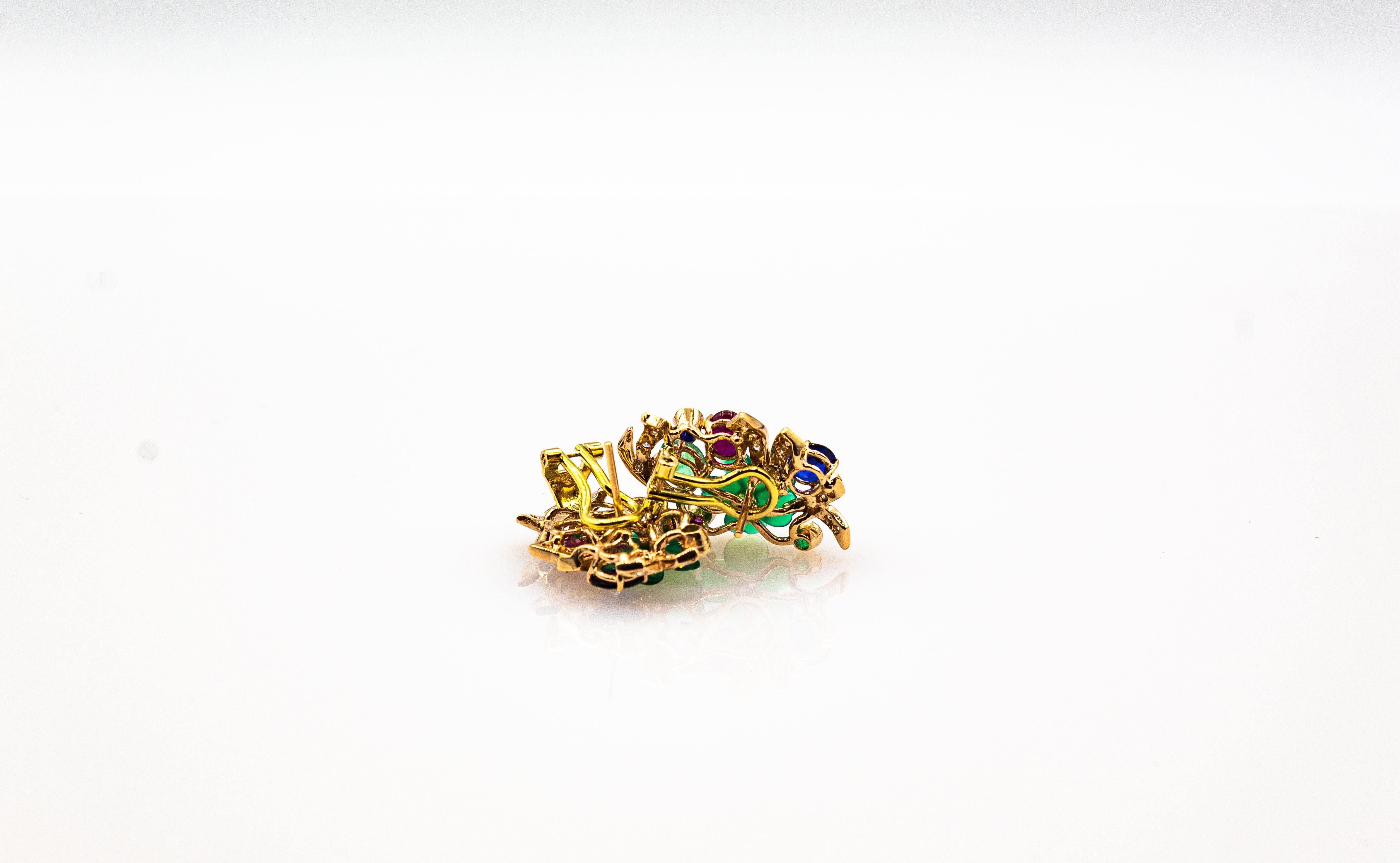 Gelbgold-Ohrringe im Jugendstil mit weißem Diamanten, Smaragd, Rubin und blauem Saphir im Angebot 1