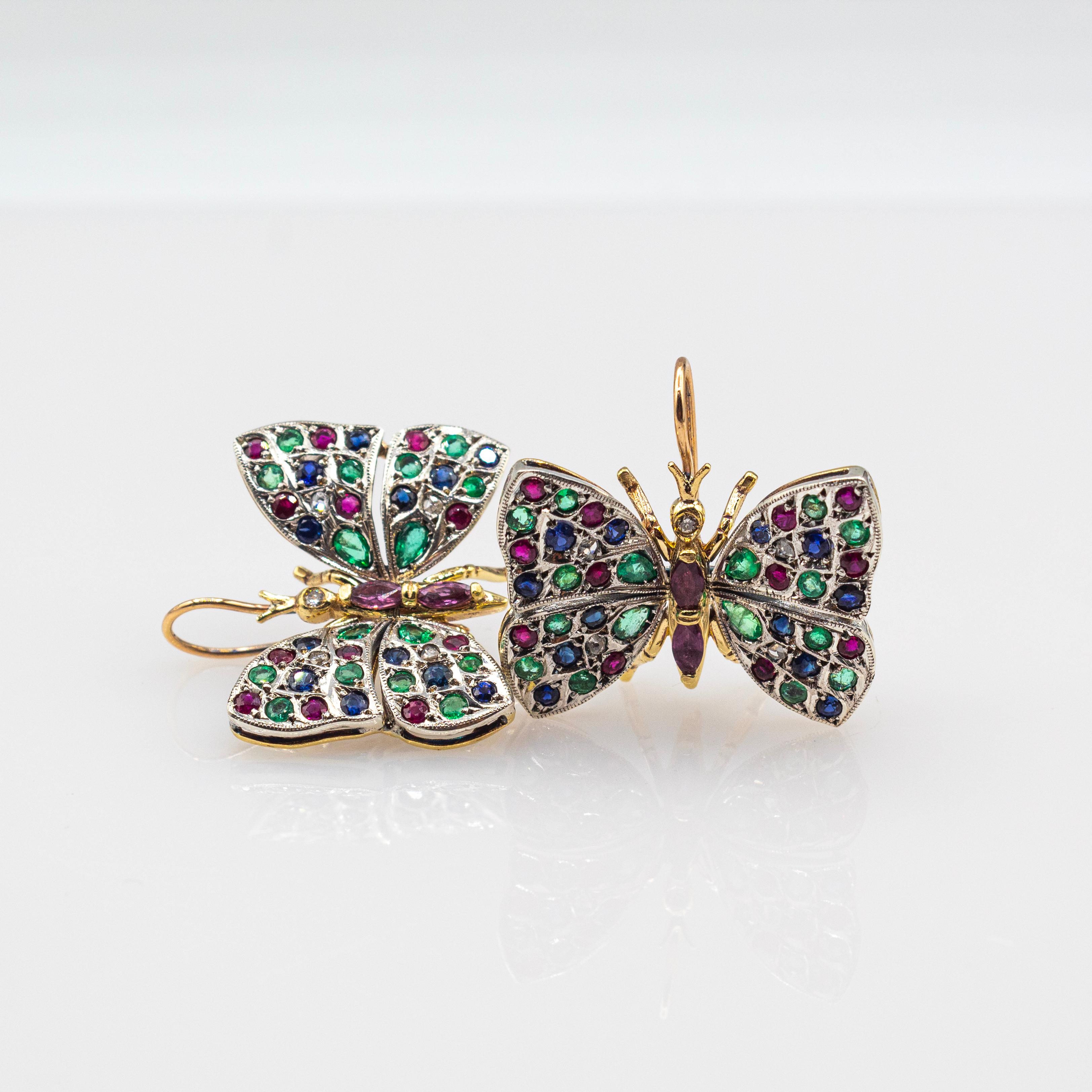 Boucles d'oreilles en or jaune de style Art nouveau avec diamant blanc, émeraude, rubis et saphir bleu en vente 2